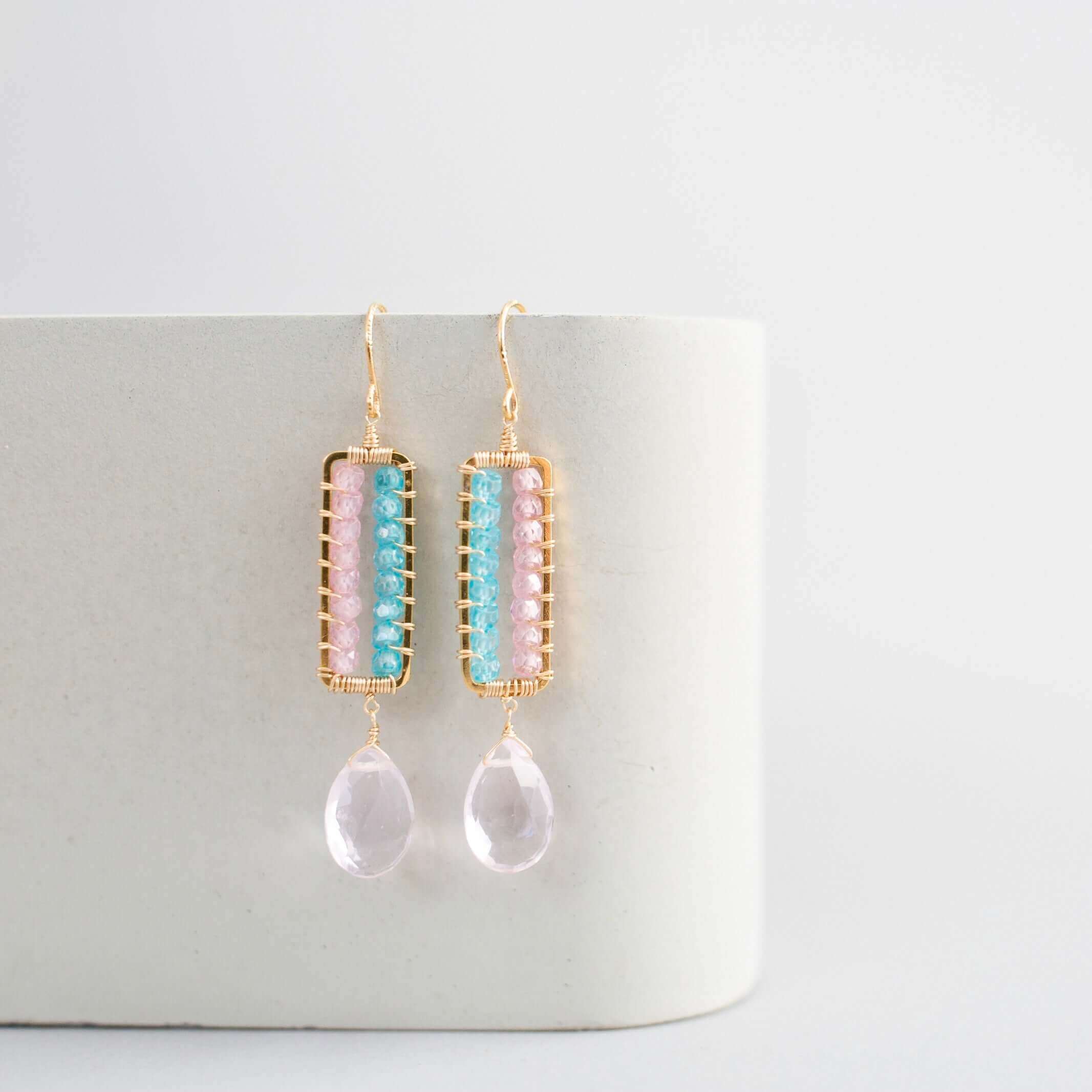 Gold parallel  earrings with Pink Clear Quartz Dangle  and with gorgeous light pink stone with aqua blue quartz accents