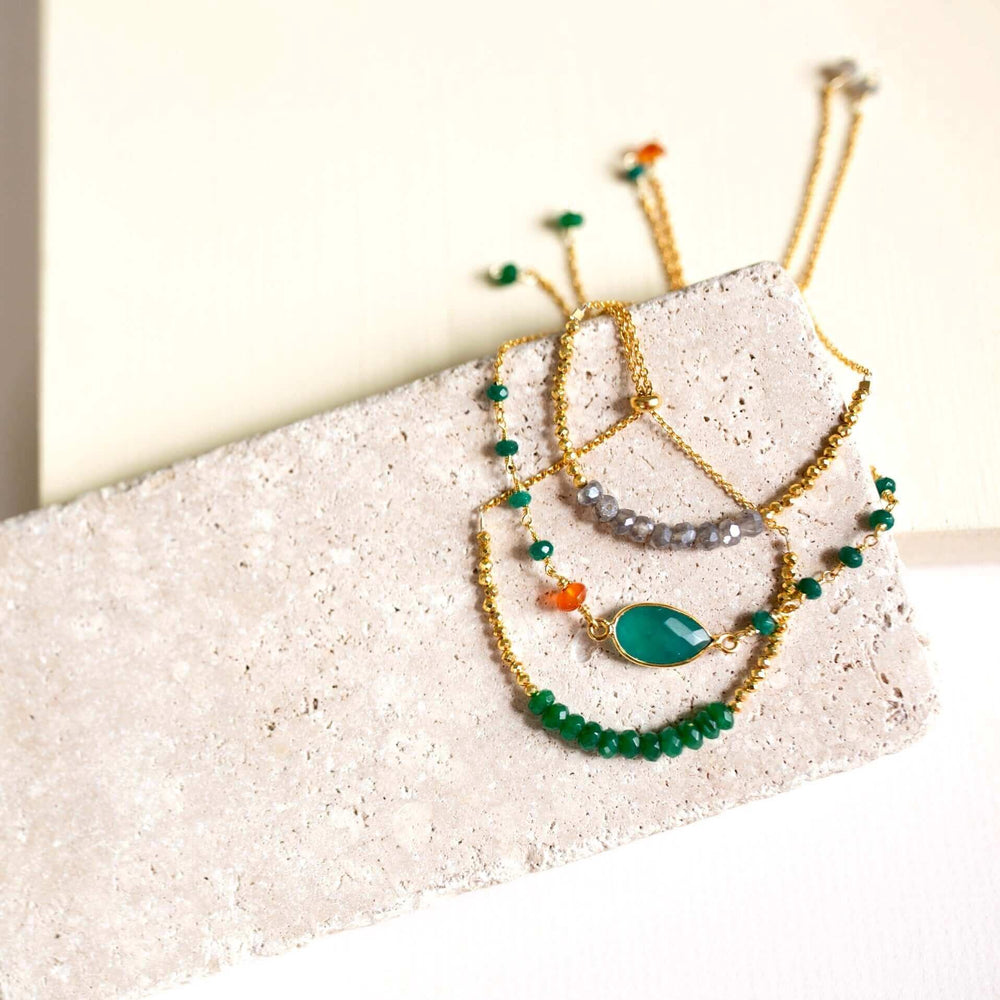 Gold-Plated Chain Bracelets Adorned with Authentic Green Jade Stones and Labradorite Stones