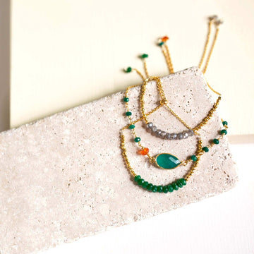 Gold-Plated Chain Bracelets Adorned with Authentic Green Jade Stones and Labradorite Stones