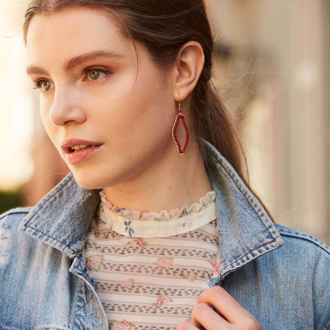 Amorphous shape Ruby Quartz gold Earrings Set