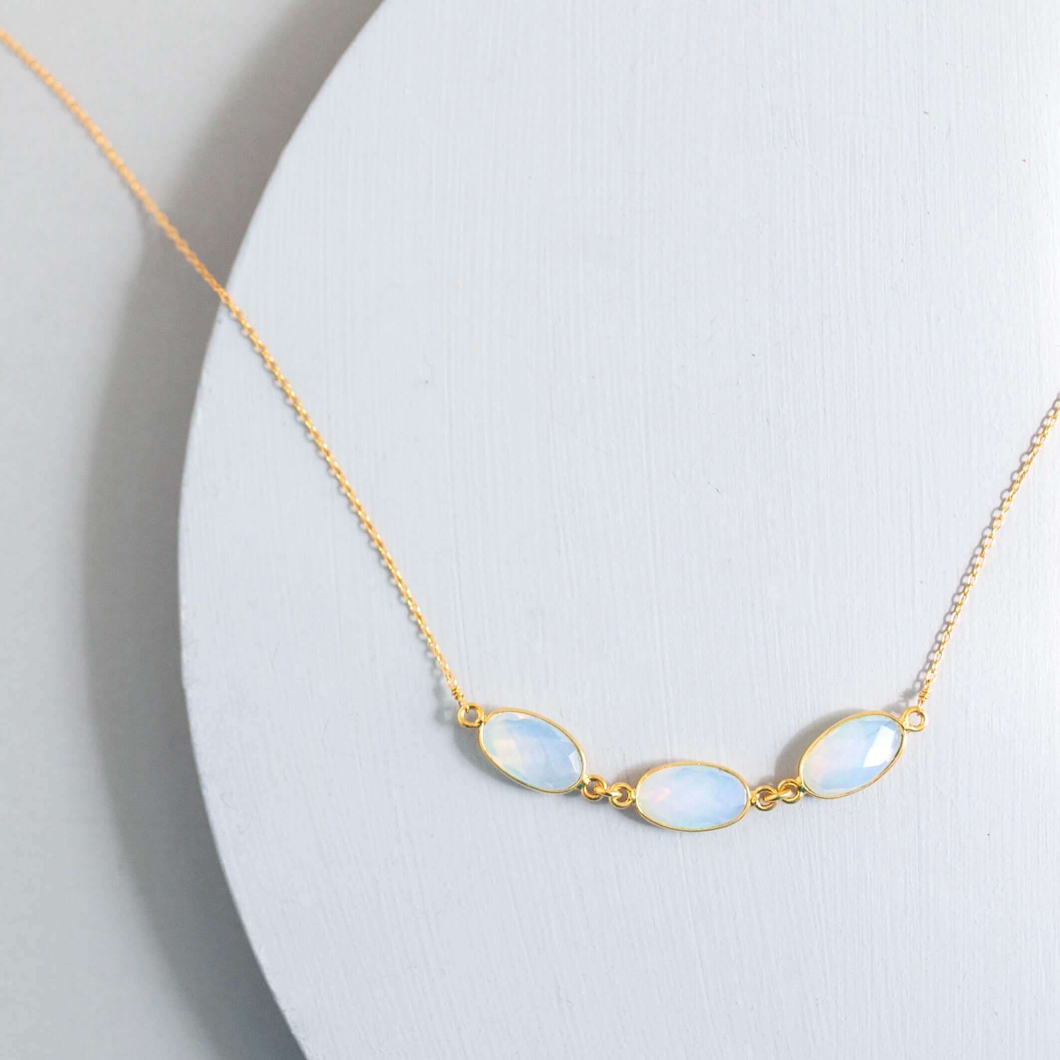 Gold Chic and easy everyday necklace with three bezel-set opal quartz gemstones 