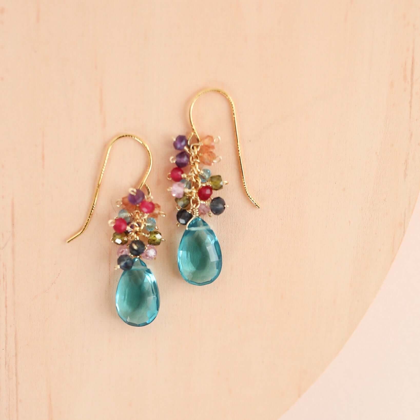 Neon Blue Quartz  Gemstone with mini stones  Accents   Gold Drop Earrings