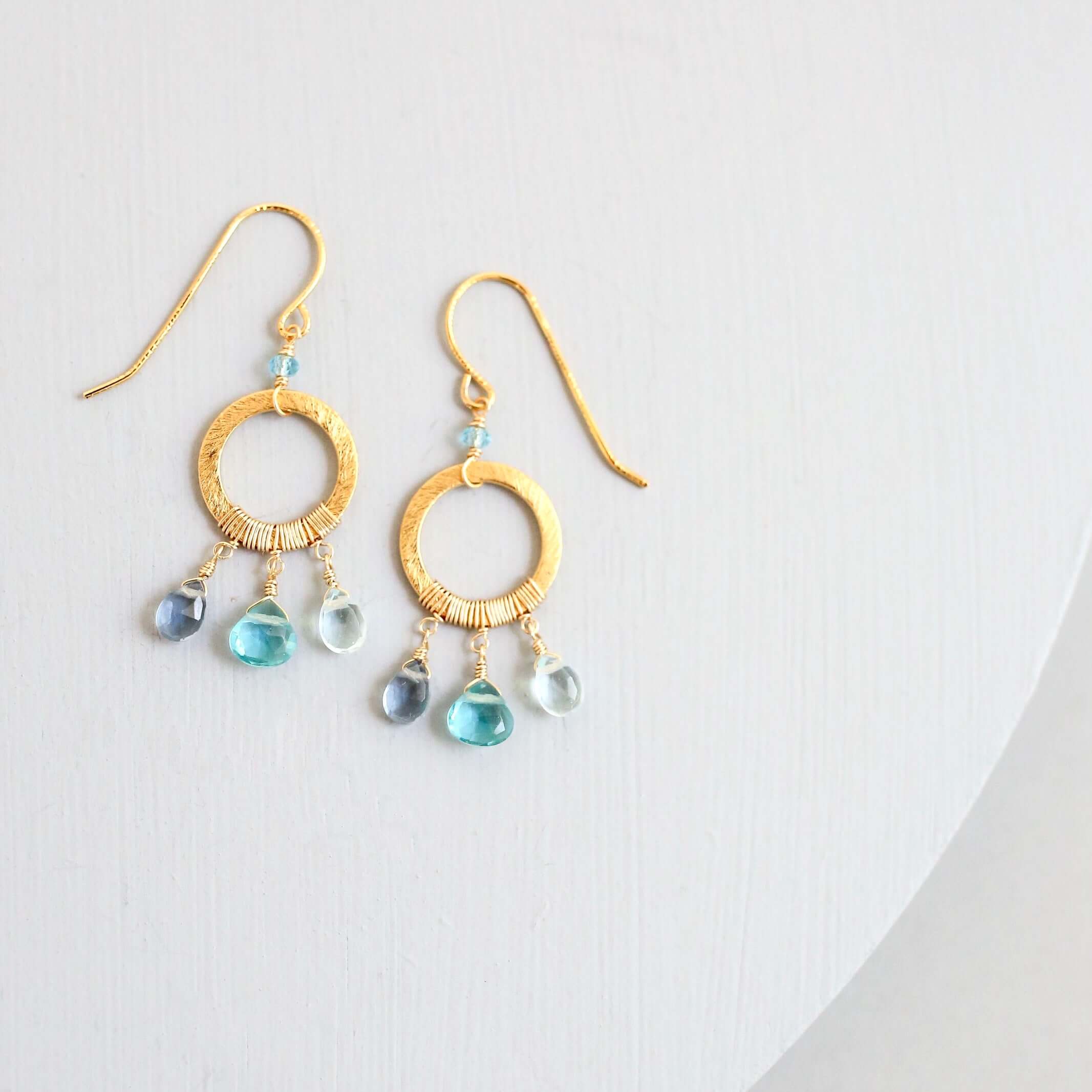 Aquamarine and Iolite Small Gold Earrings