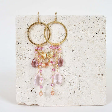 Multiple strands of lush gems sparkle on a hoop with Pink Gemstone Dangle Gold Earrings