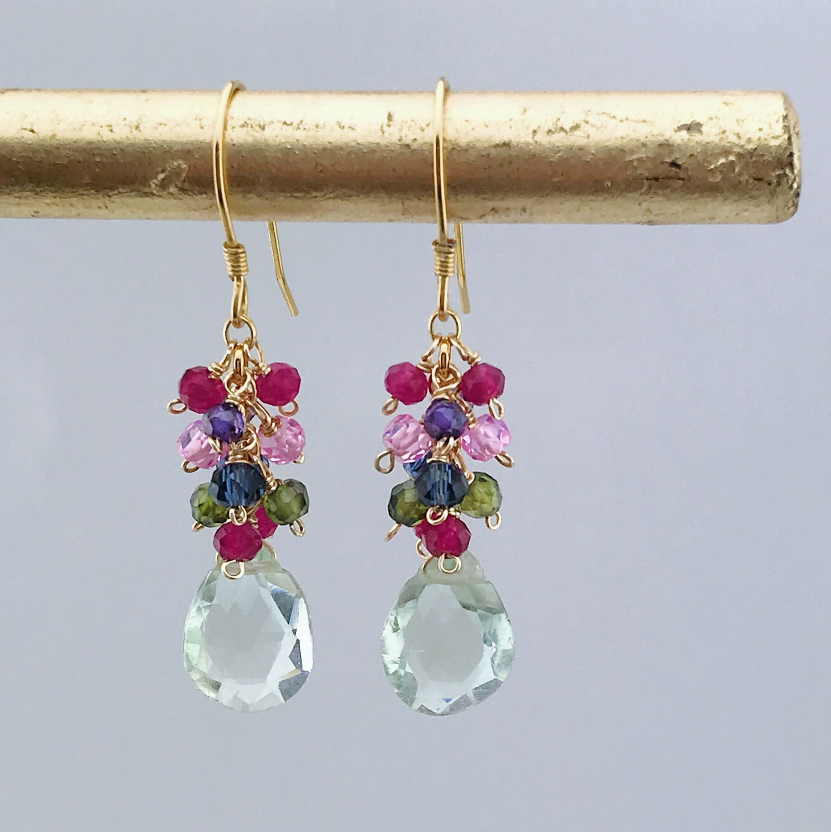 Gold Dangle Earrings Featuring Green Amethyst and Precious Stones