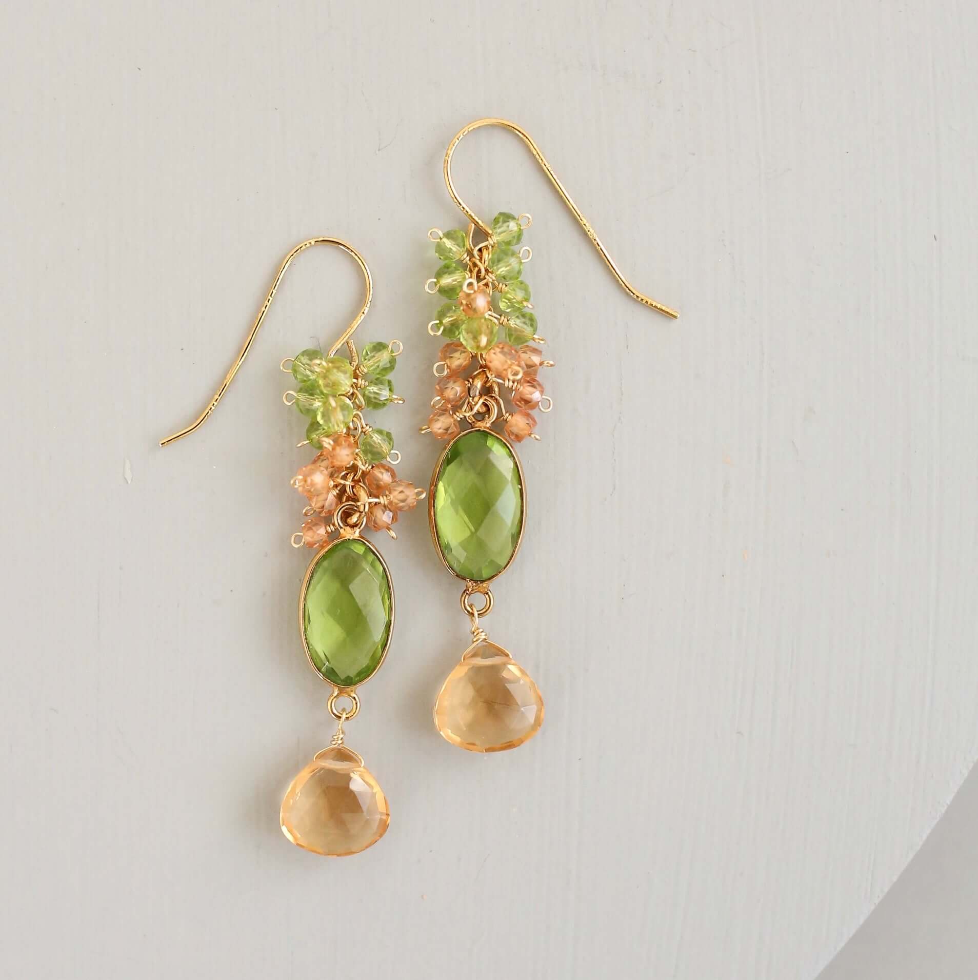 Peridot Quartz Bezel and Citrine Gemstones Dangle from French Hooks in Luxurious Gold