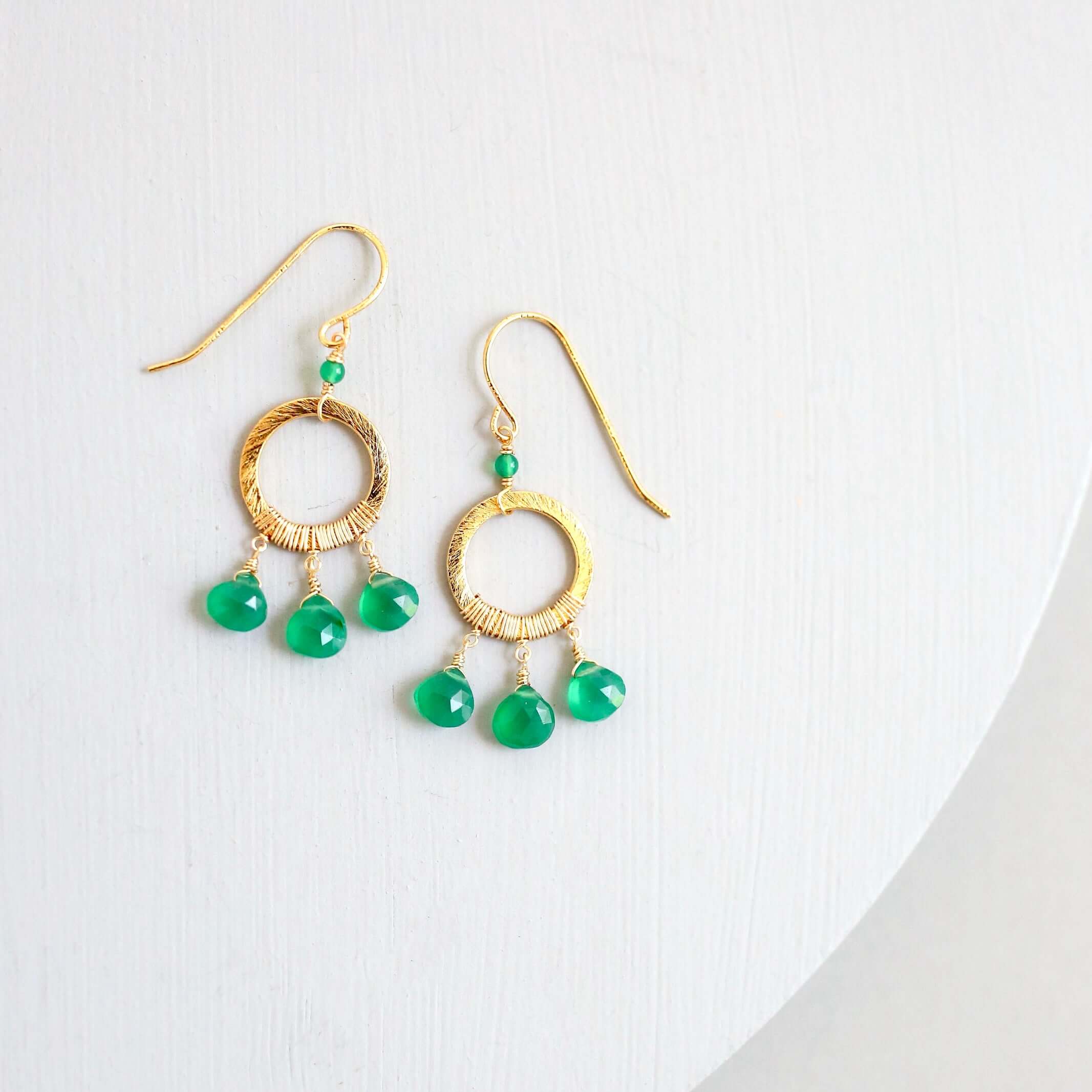 Boho Mini Dream Catcher Earrings with Green Onyx Gemstones