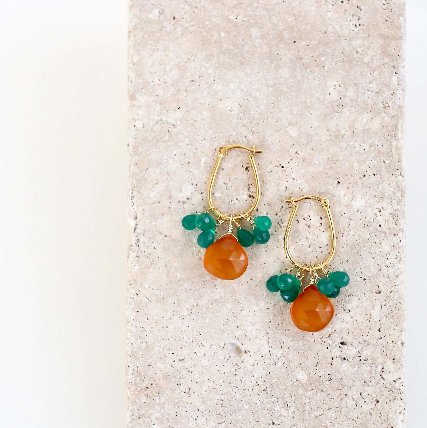 Small Yet Mighty Earrings with Dark Orange Chalcedony and Green Onyx Briolettes