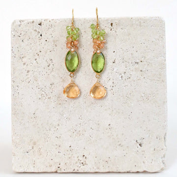 Peridot Quartz Bezel and Citrine Gemstones Dangle from French Hooks in Luxurious Gold