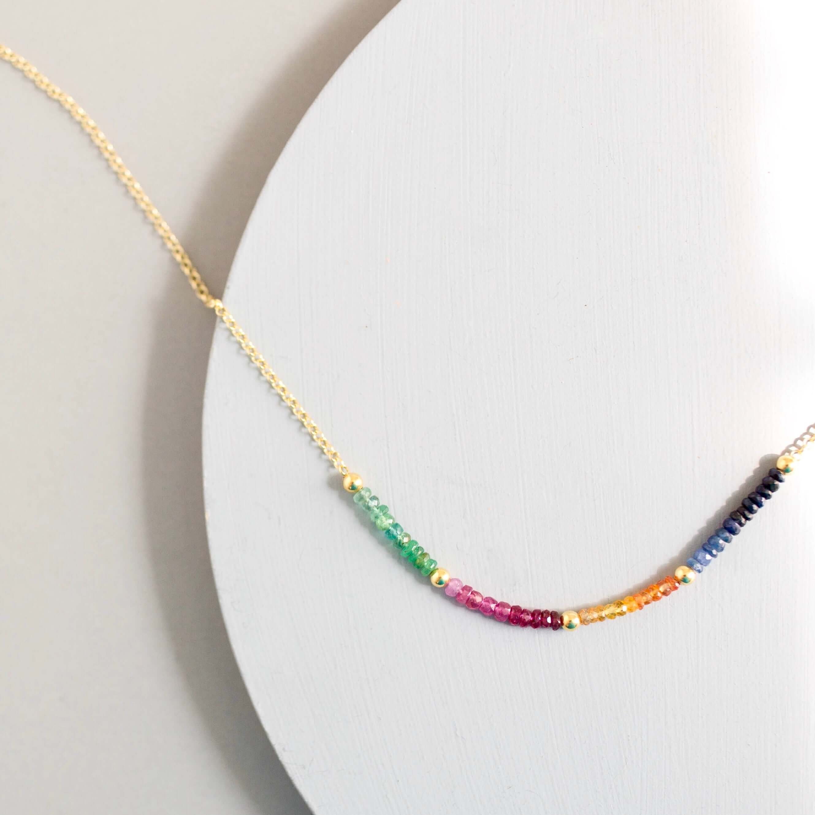 Gold Necklace featuring Sapphire Rainbows stones 