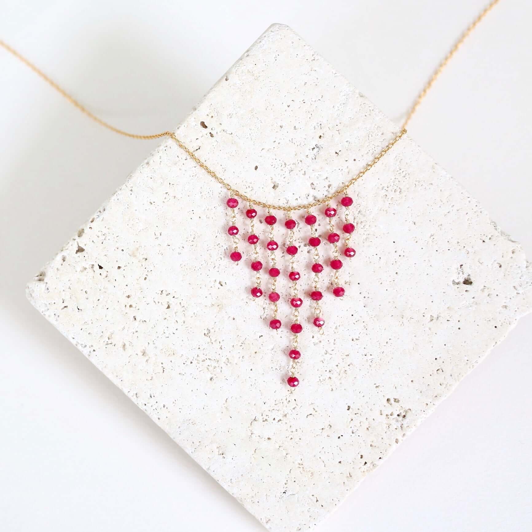 Gold Fringe Necklace featuring beautiful Ruby Quartz gemsto