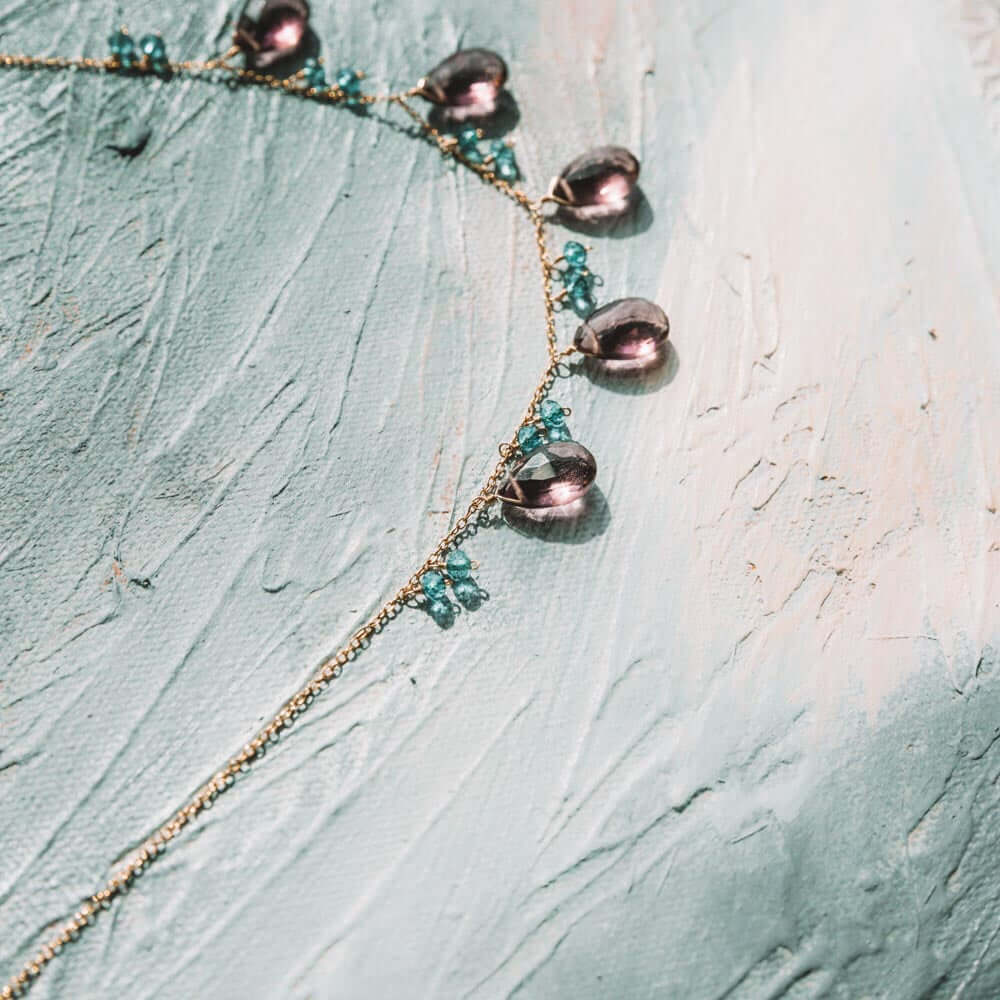 Adjustable Rhodolite Garnet Gemstone with bright blue aquamarine accents  Gold Chain Necklace