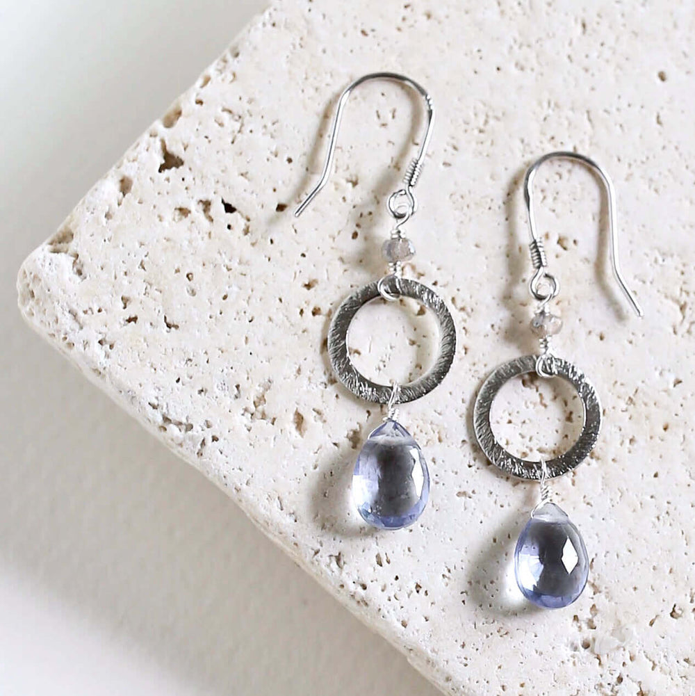 Handmade Rhodium-Plated Drop Earrings with Tanzanite Quartz 