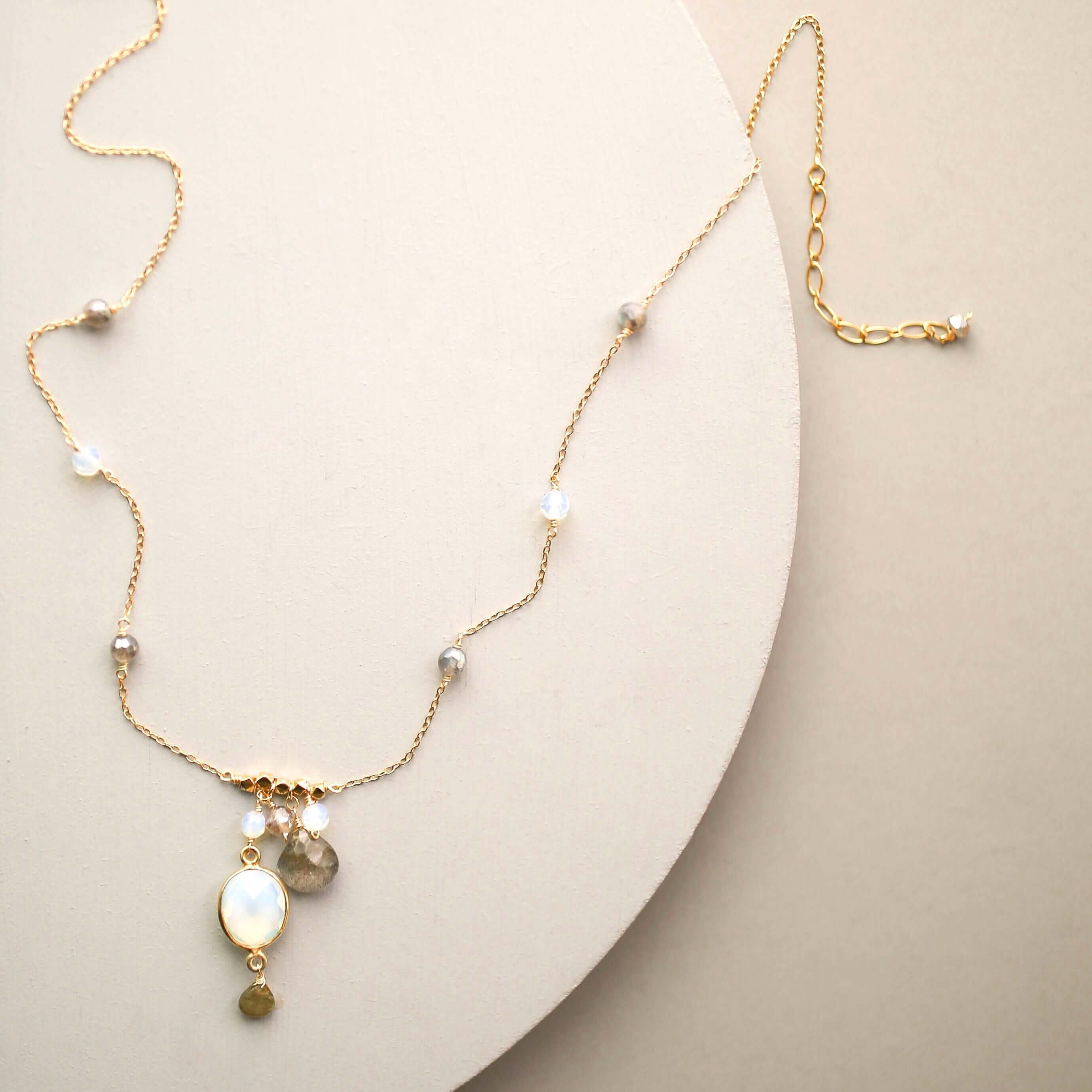 Gold Bezel-set opal quartz gemstone and labradorite accent stones Necklace 