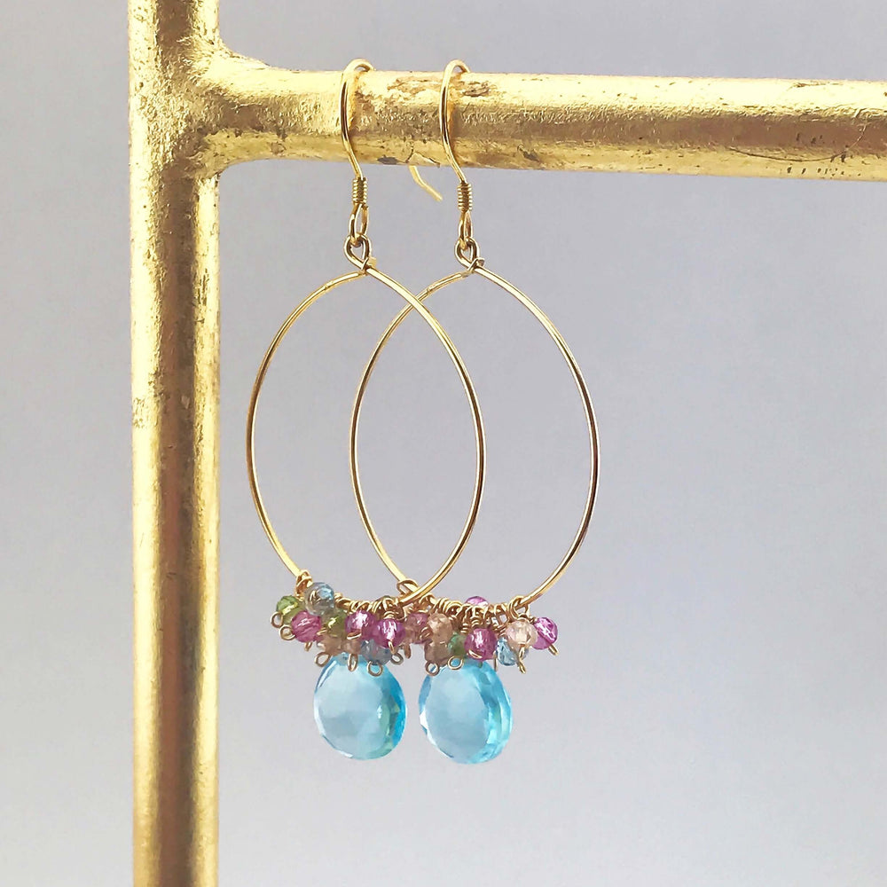 Aquamarine Blue Quartz Gold Hoop Earrings
