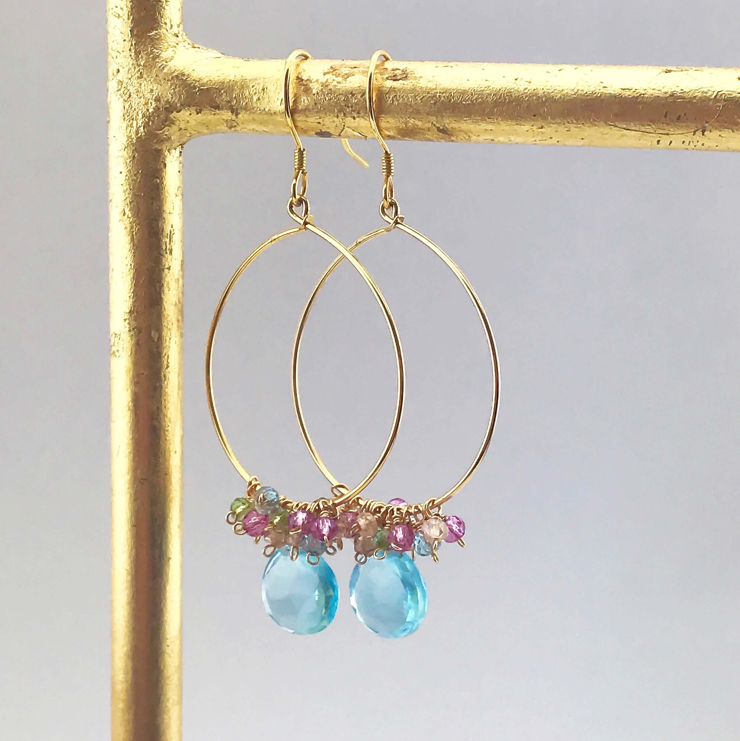 Aquamarine Blue Quartz Gold Hoop Earrings