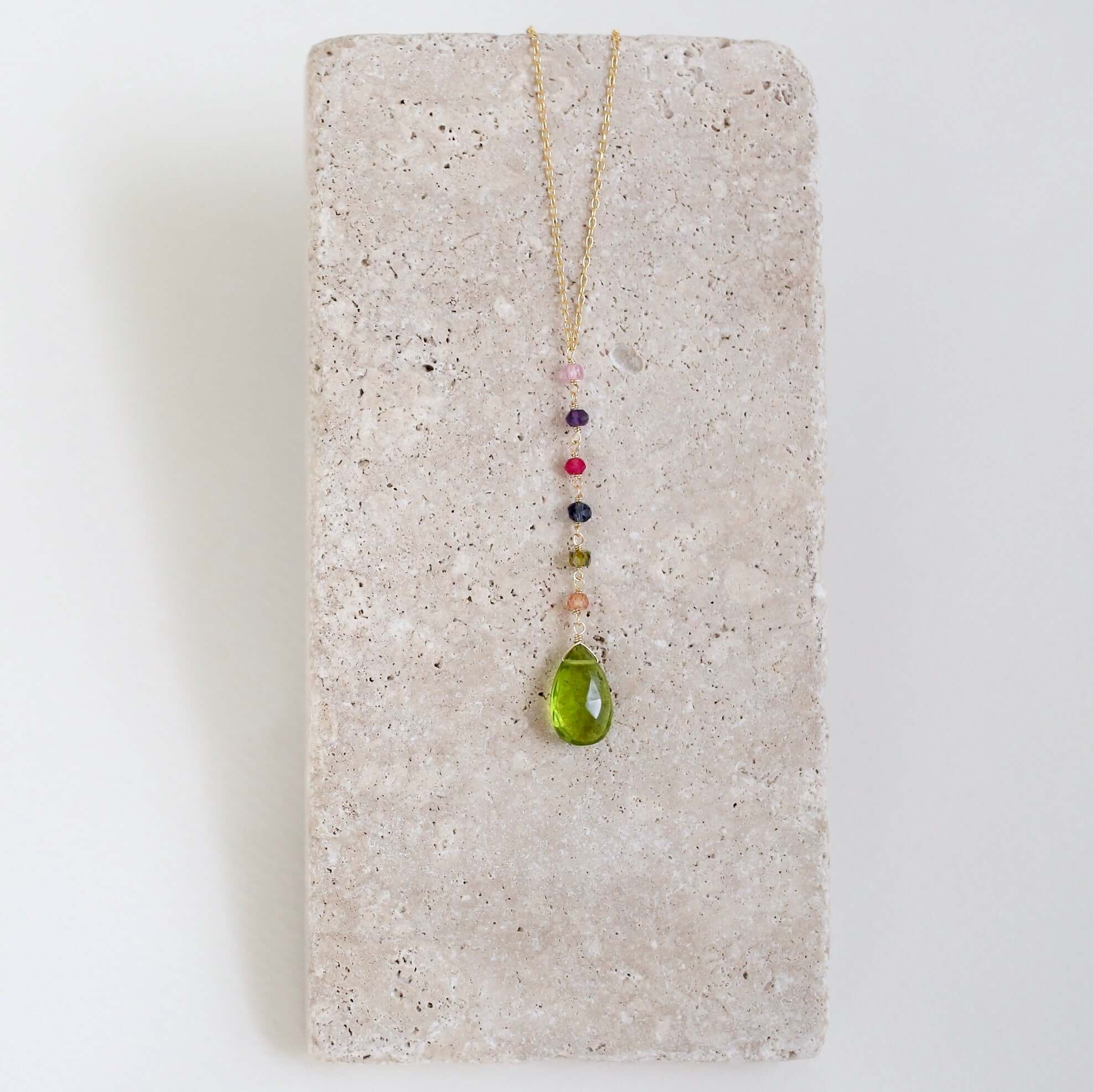 Gold Yoga pendant with Peridot Green quartz gemstones, multi-color accent stones Necklace