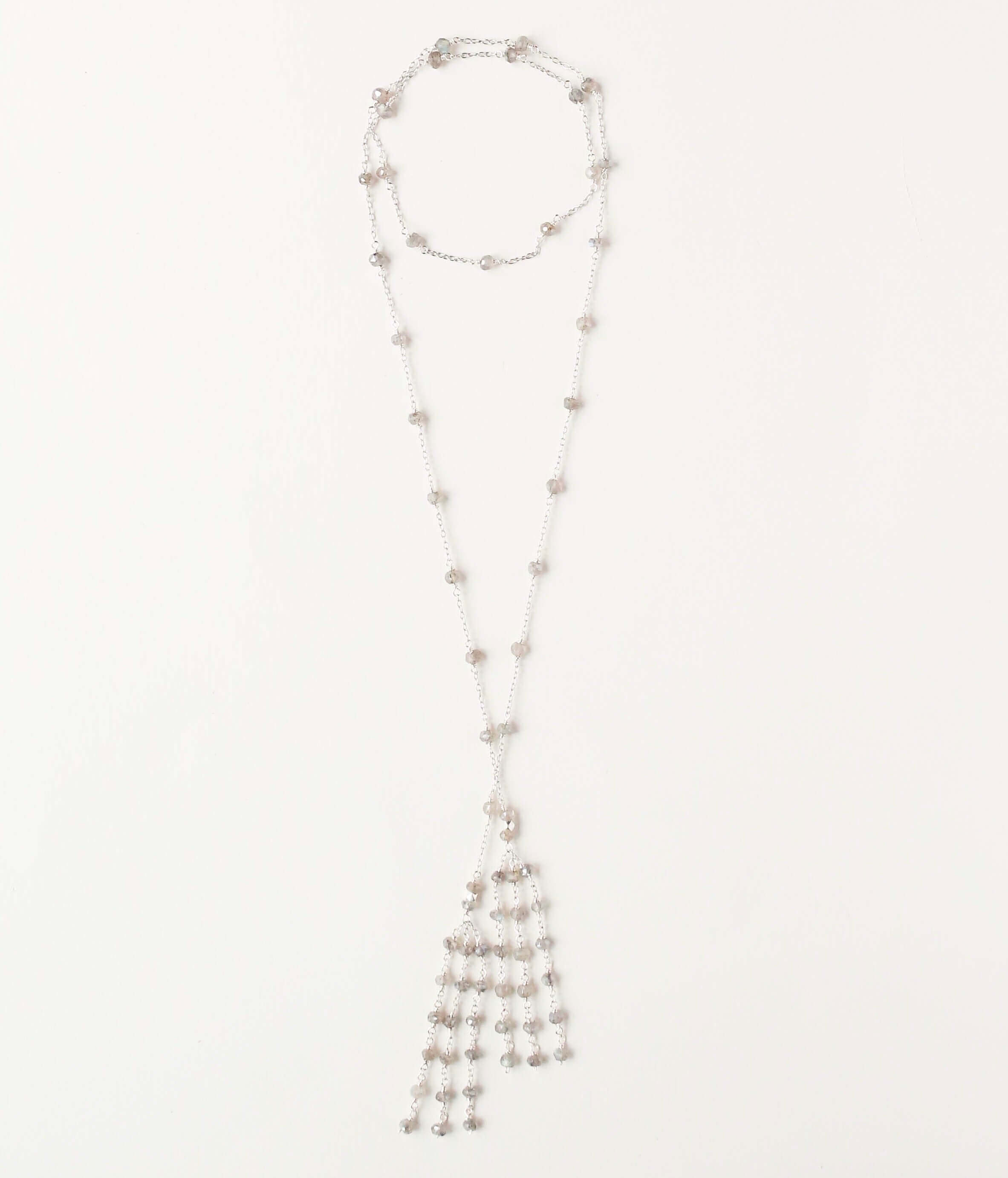Rhodium plated Labradorite Lariat Necklace with a stunning tassel