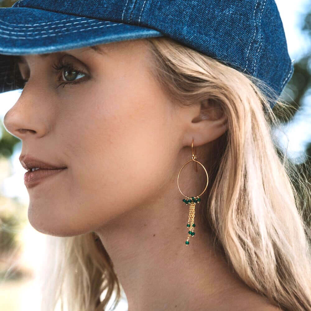 Gold Hoop Earrings with Delicate Chains and Green Apatite Stones