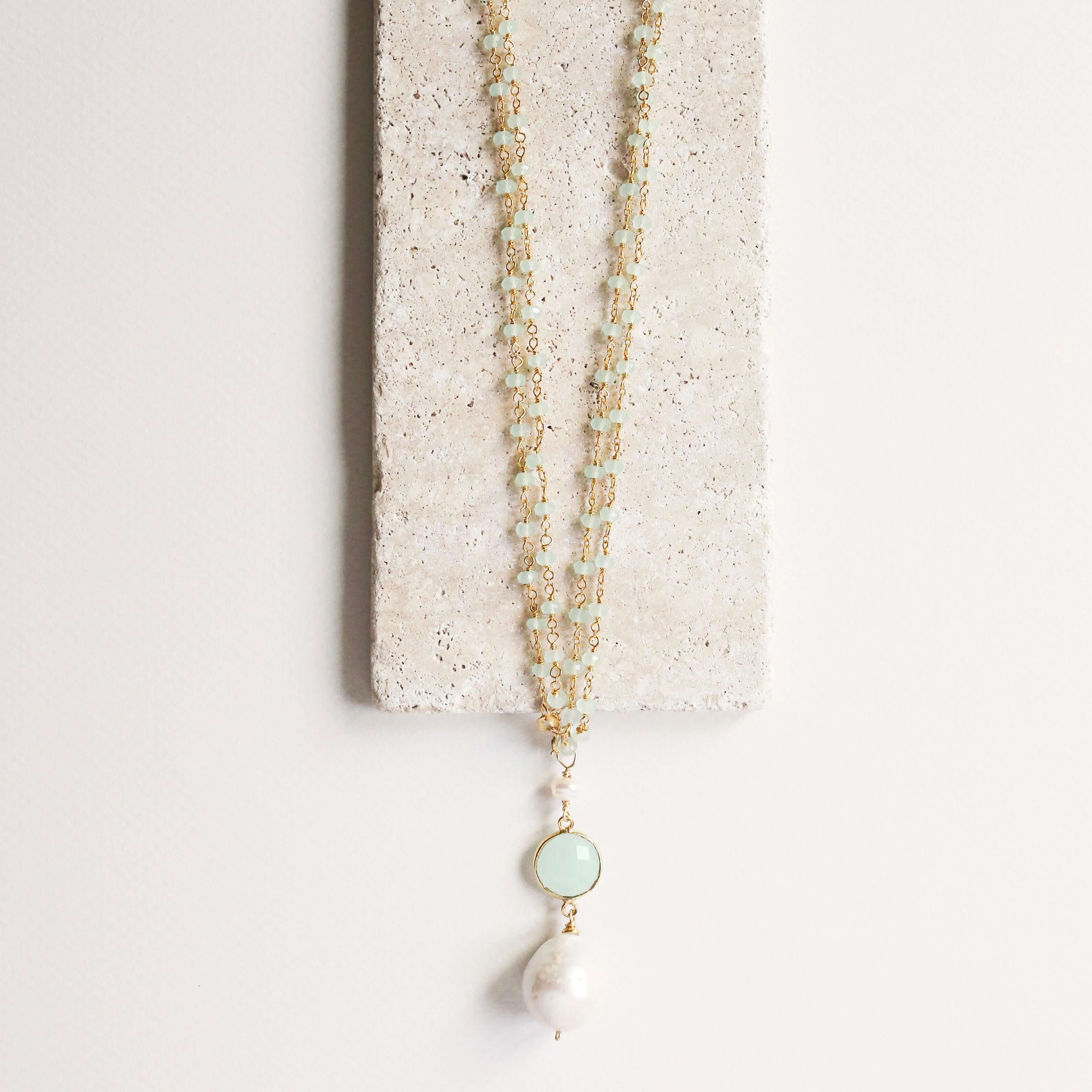 Convertible Gemstone Necklace with baroque pearl and Aqua Chalcedony Bezel