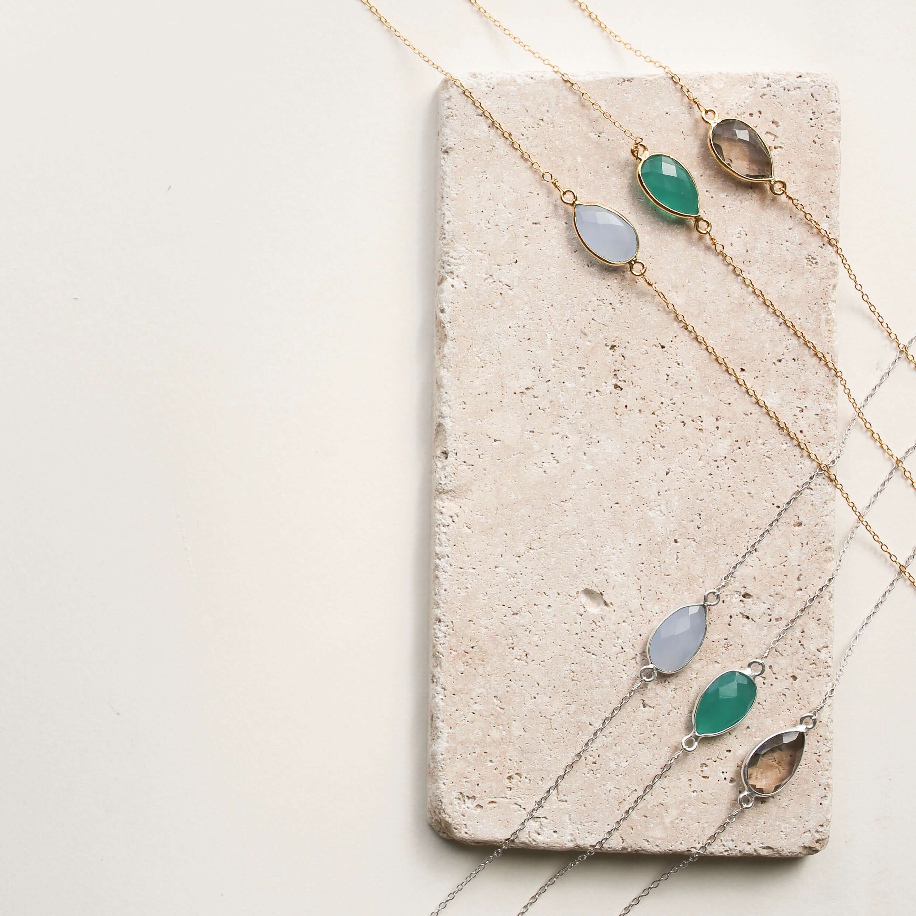 Gold minimalist necklace with a beautiful Colorful  quartz bezel set stone