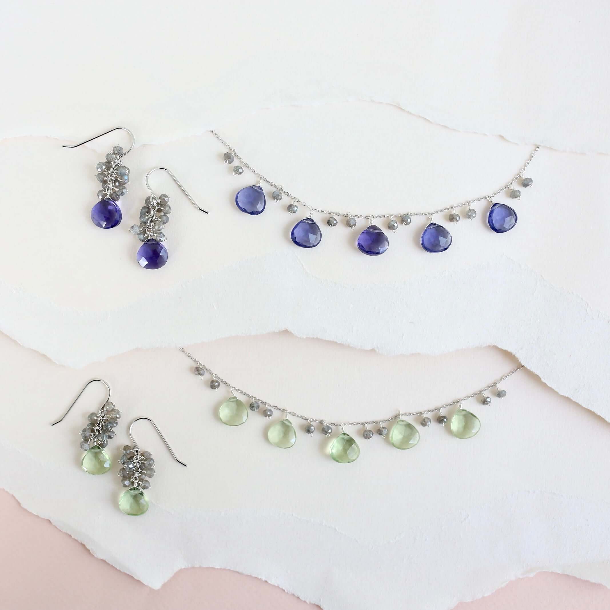 Sparkling Green Amethyst & Labradorite Gems on a Rhodium-Plated Jewelry Set