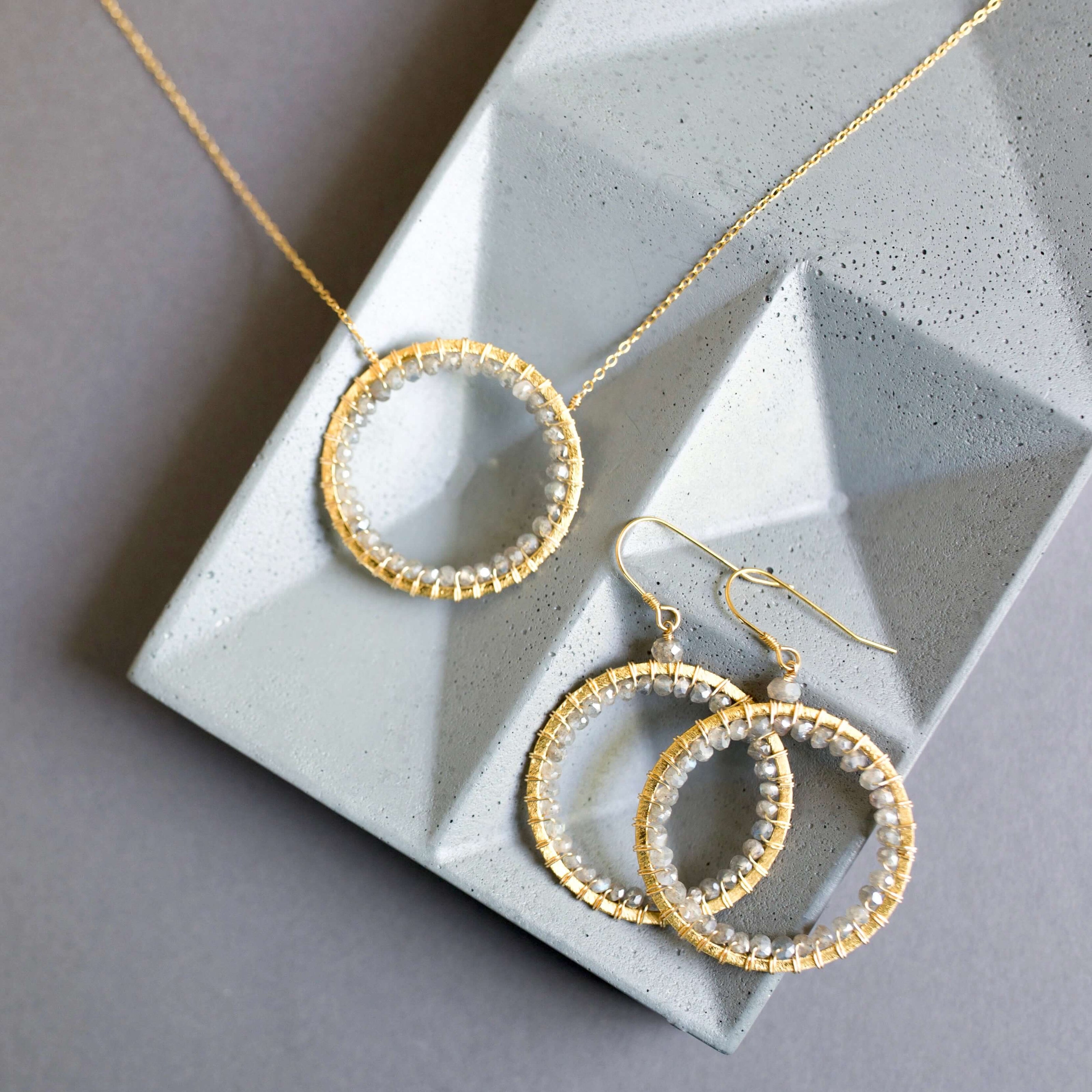 Labradorite Circle Pendant Gold Necklace and earrings