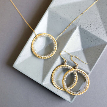 Labradorite Circle Pendant Gold Necklace and earrings