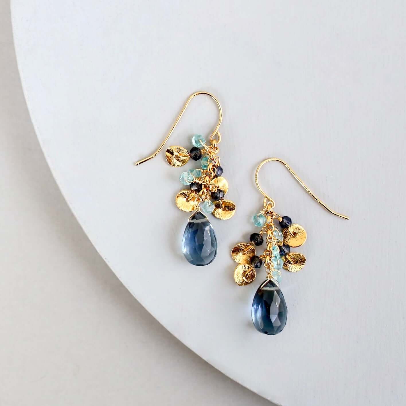 Lolite Gemstone with mini stones  and Gold Accents   Gold Drop Earrings