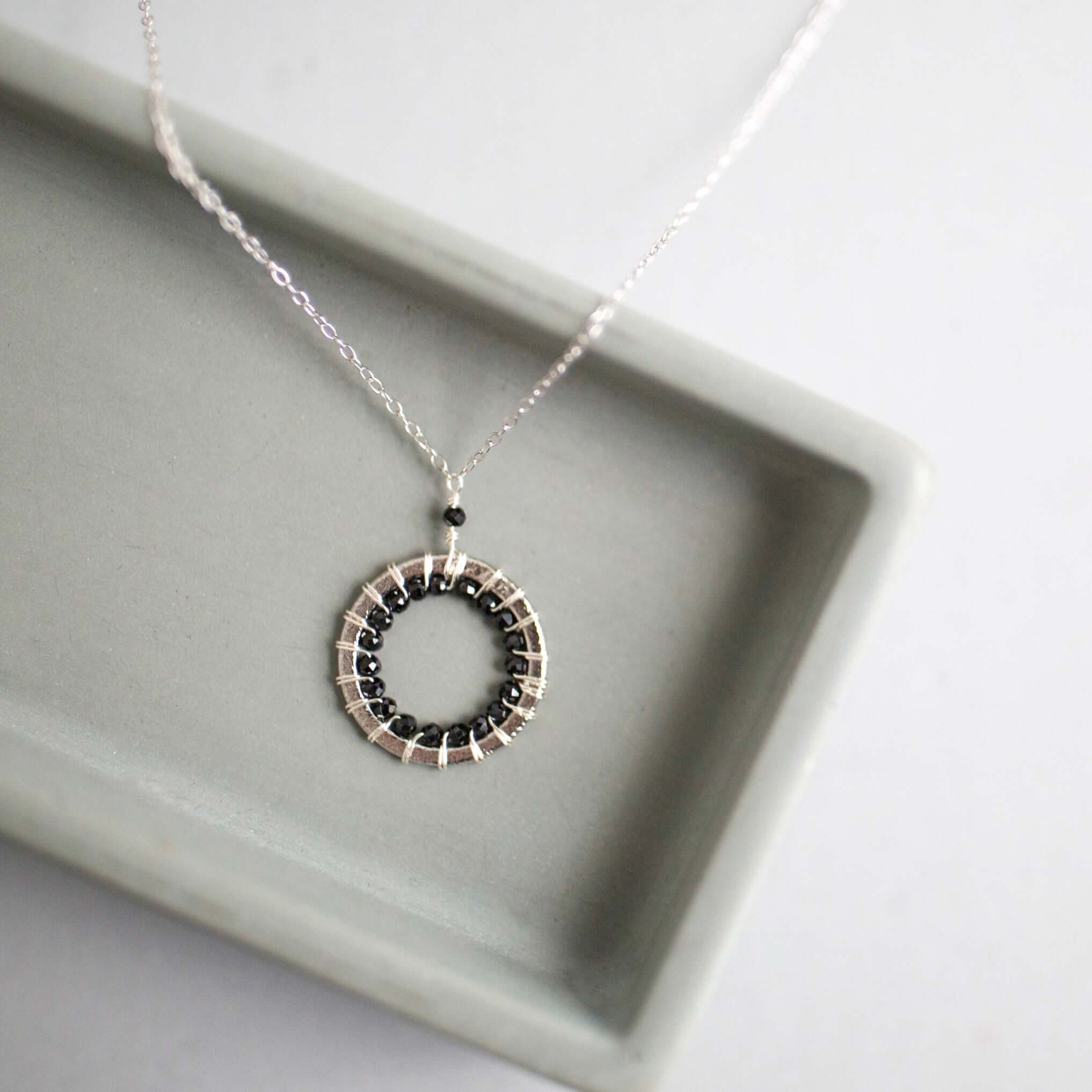 Black Spinel Small Silver Circle Necklace