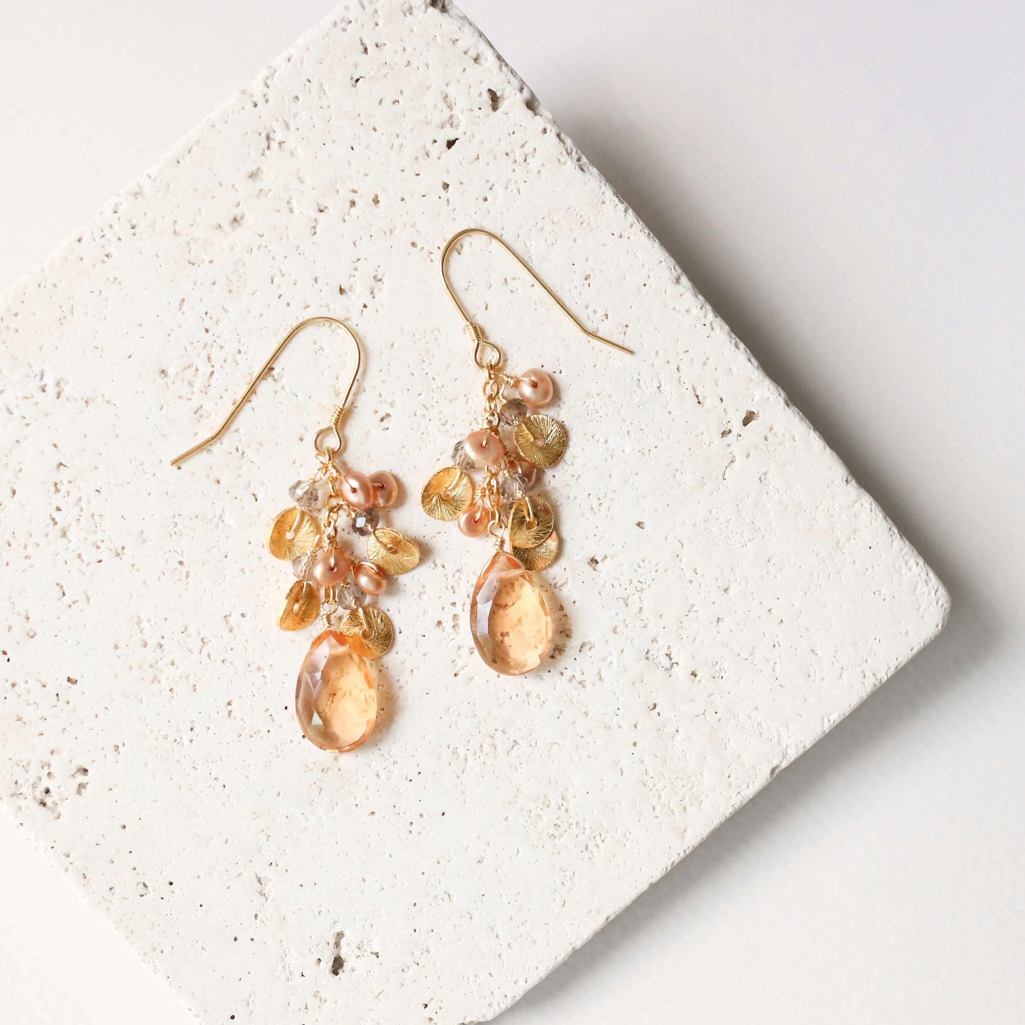 Citrine Gemstone with Pearls and Gold Accents   Gold Drop Earrings