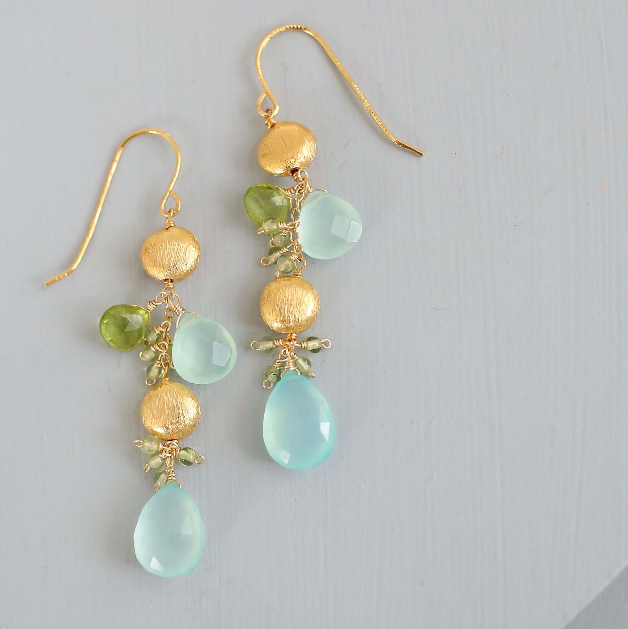 Aqua Blue Chalcedony Gold Gemstone Earrings