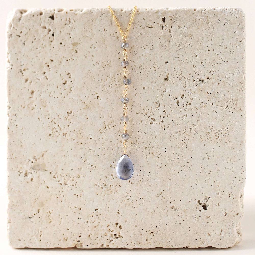Tanzanite quartz gemstone Yoga Pendant  partnered with labradorite accent stones Gold Necklace 