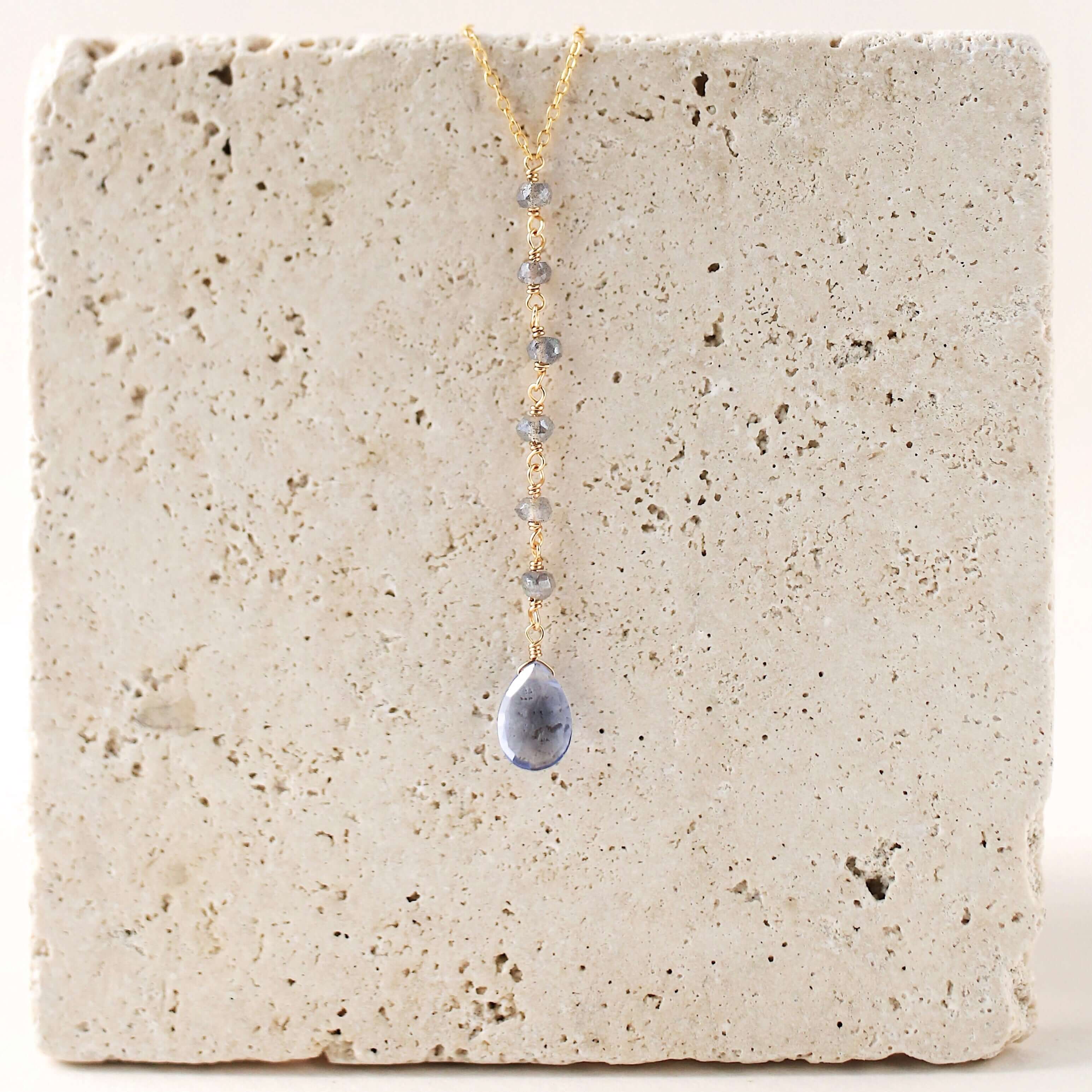 Tanzanite quartz gemstone Yoga Pendant  partnered with labradorite accent stones Gold Necklace 