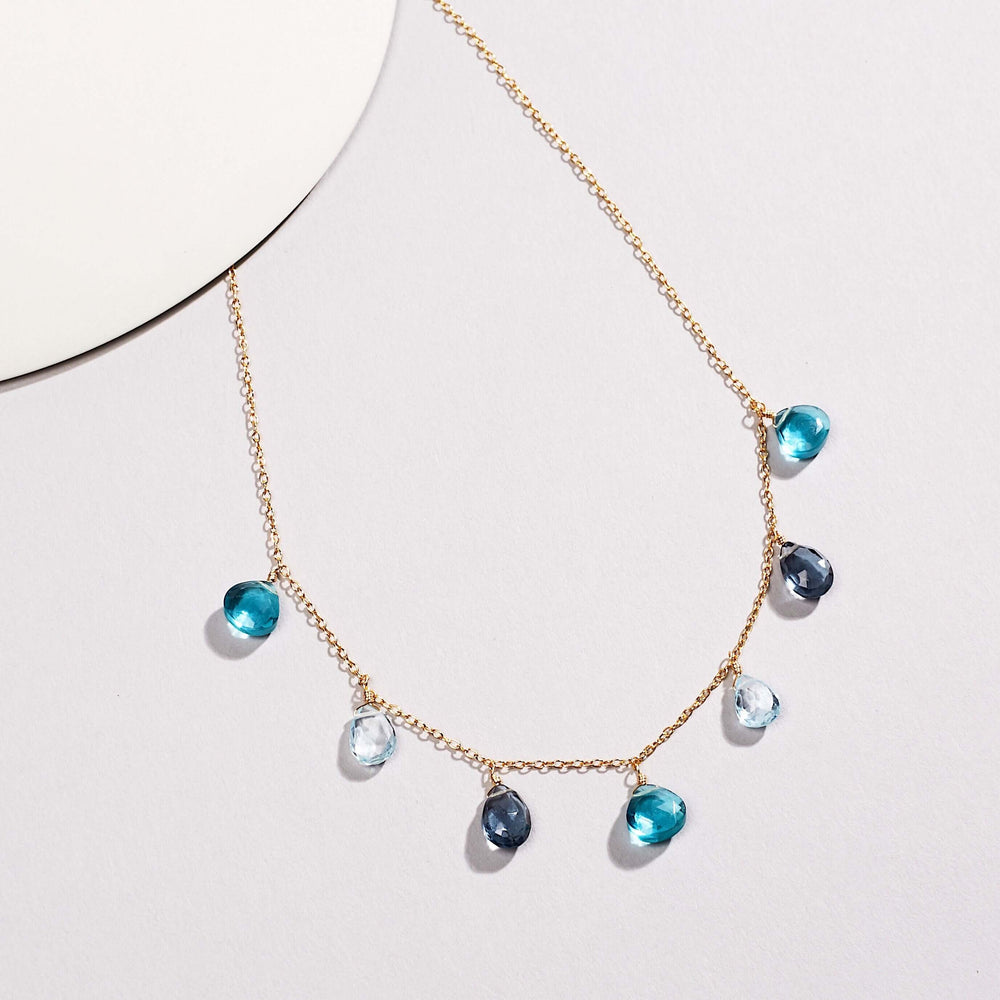 Delicate Aquamarine, Iolite, and Aqua Blue Quartz Gold Necklace