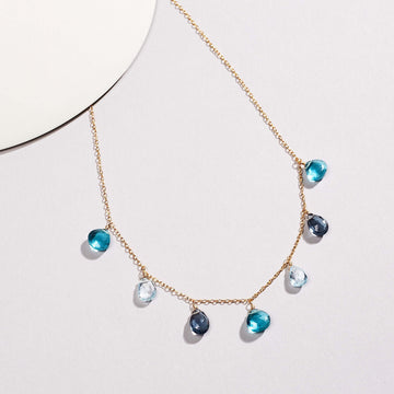 Delicate Aquamarine, Iolite, and Aqua Blue Quartz Gold Necklace