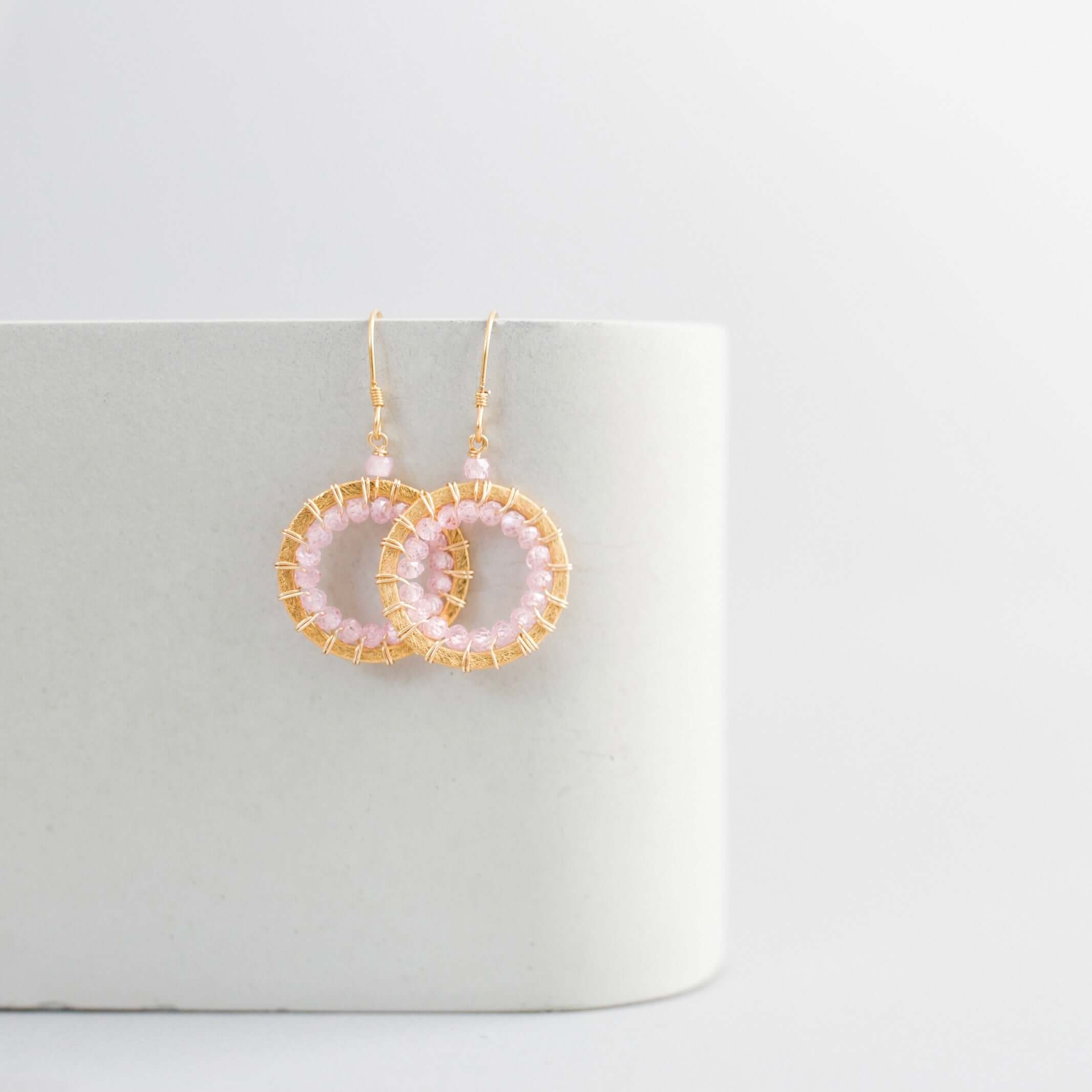 Elegant Mini Modern Circle Rose Quartz Gold Earrings