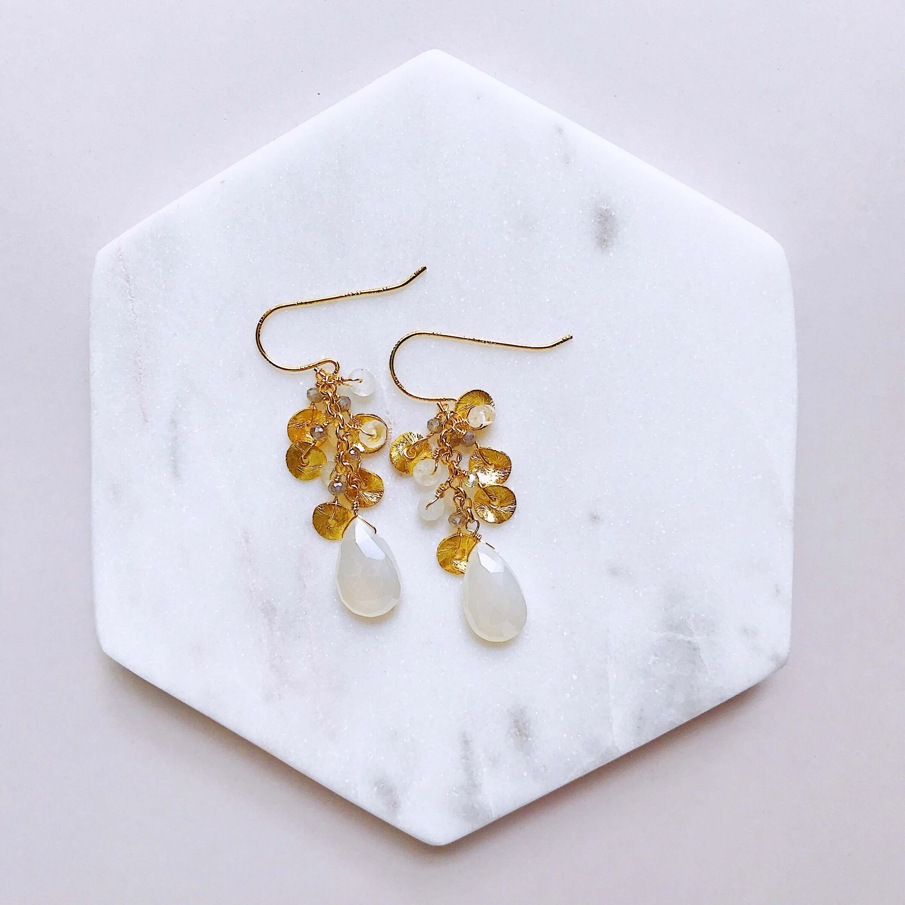 White Chalcedony Gemstone with mini stones  and Gold  Accents   Gold Drop Earrings