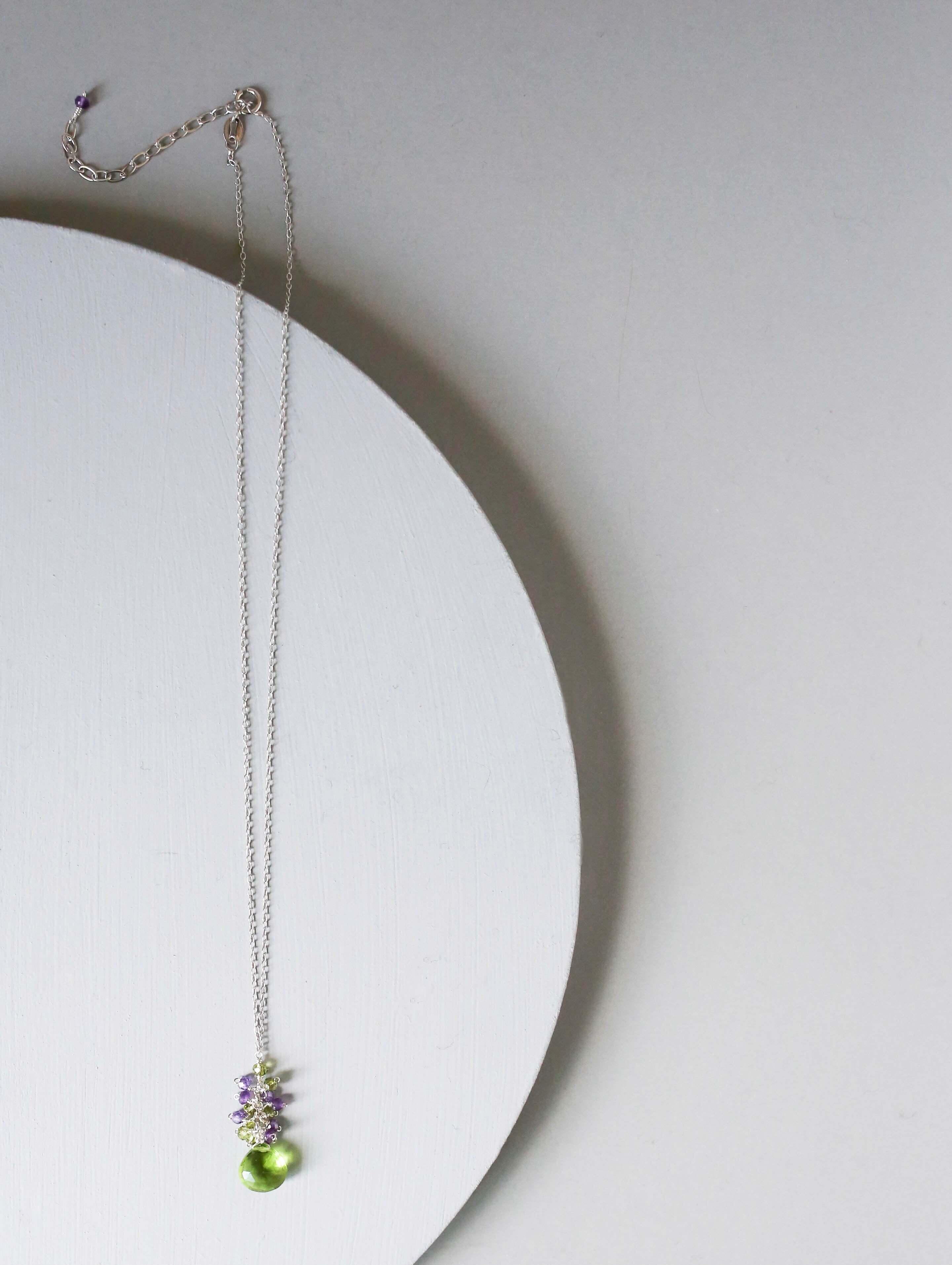 Gorgeous Raindrop Necklace  with  Peridot Quartz Gemstone paired with Amethyst gemstones accent 