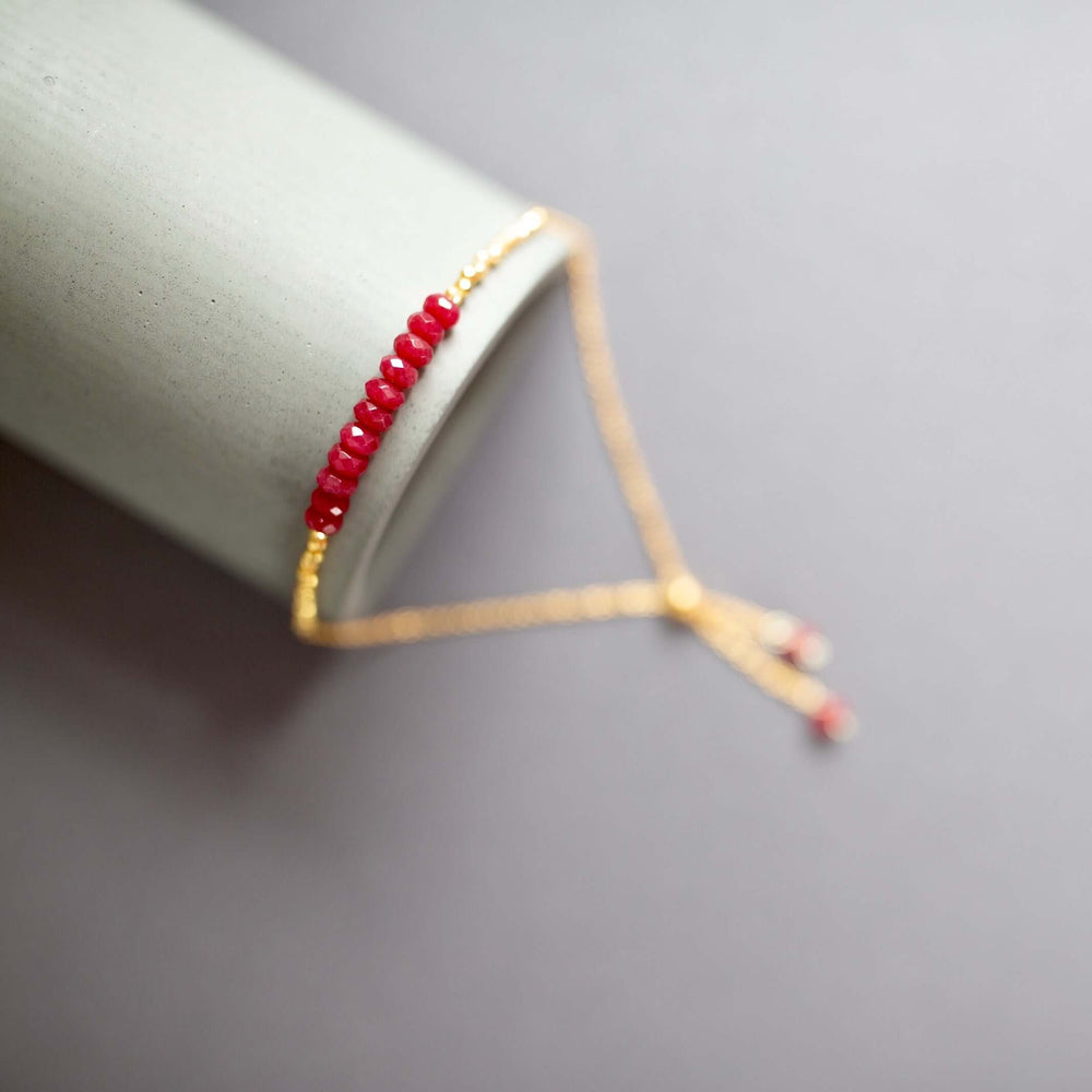 Gold Bracelet  with Red Jade Gemstone and Gold Accent Beads