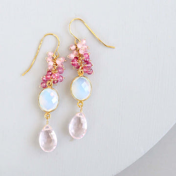  Long drop earrings with opal quartz bezel, pink clear quartz, and pink tourmaline gemstones