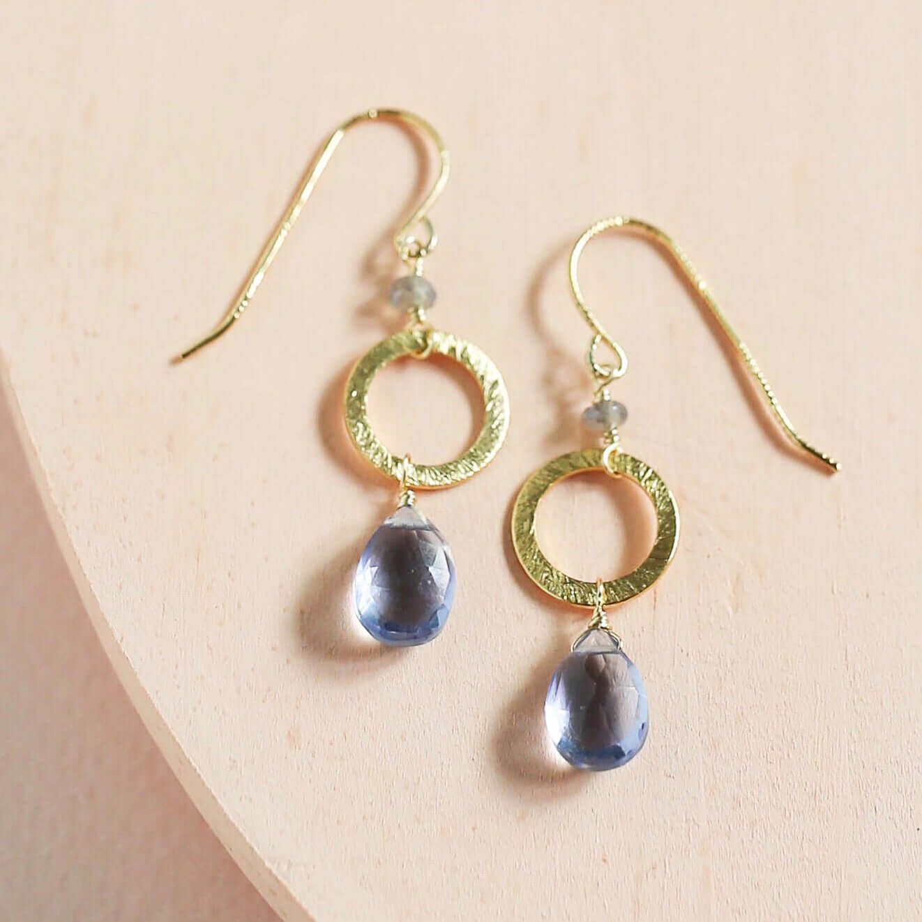 Handmade Gold-Plated Drop Earrings with Tanzanite Quartz 