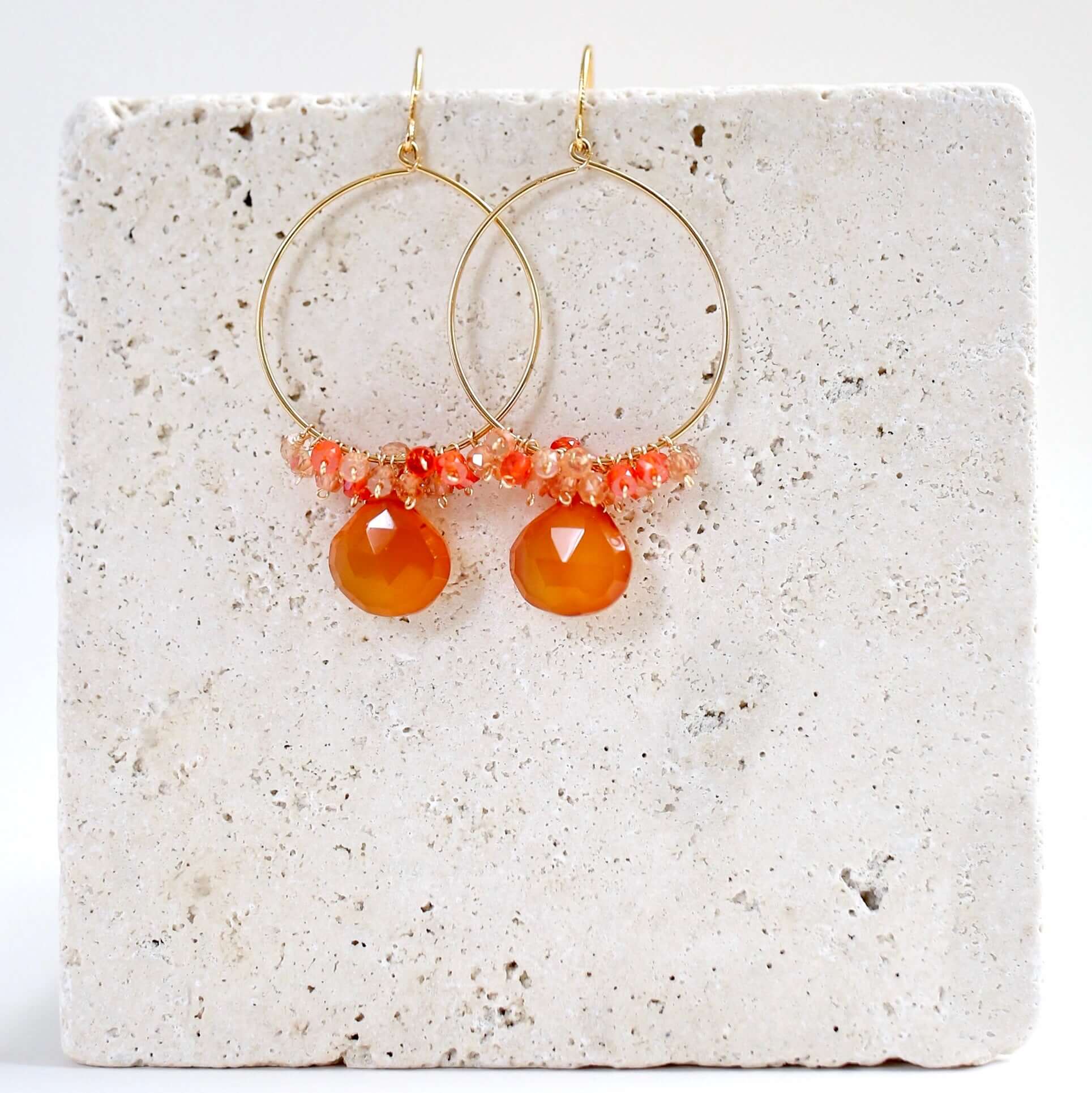 Swing Earrings with Dark Orange Chalcedony Gemstones in 14k Gold Plated Silver