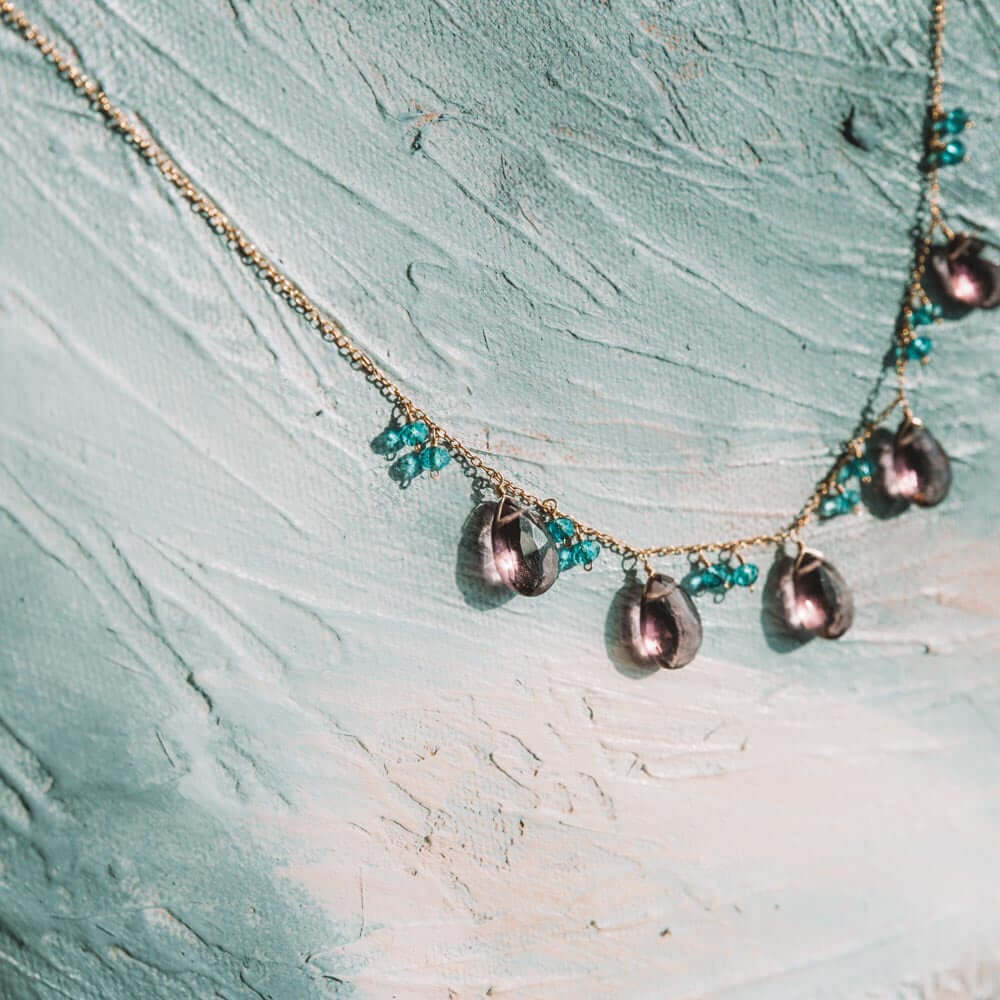 Adjustable Rhodolite Garnet Gemstone with bright blue aquamarine accents  Gold Chain Necklace