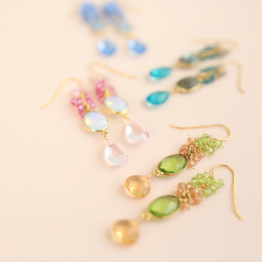 Long Drop Earrings Dripping in Gems - Peridot Quartz Bezel, Citrine, and Peridot Splendor