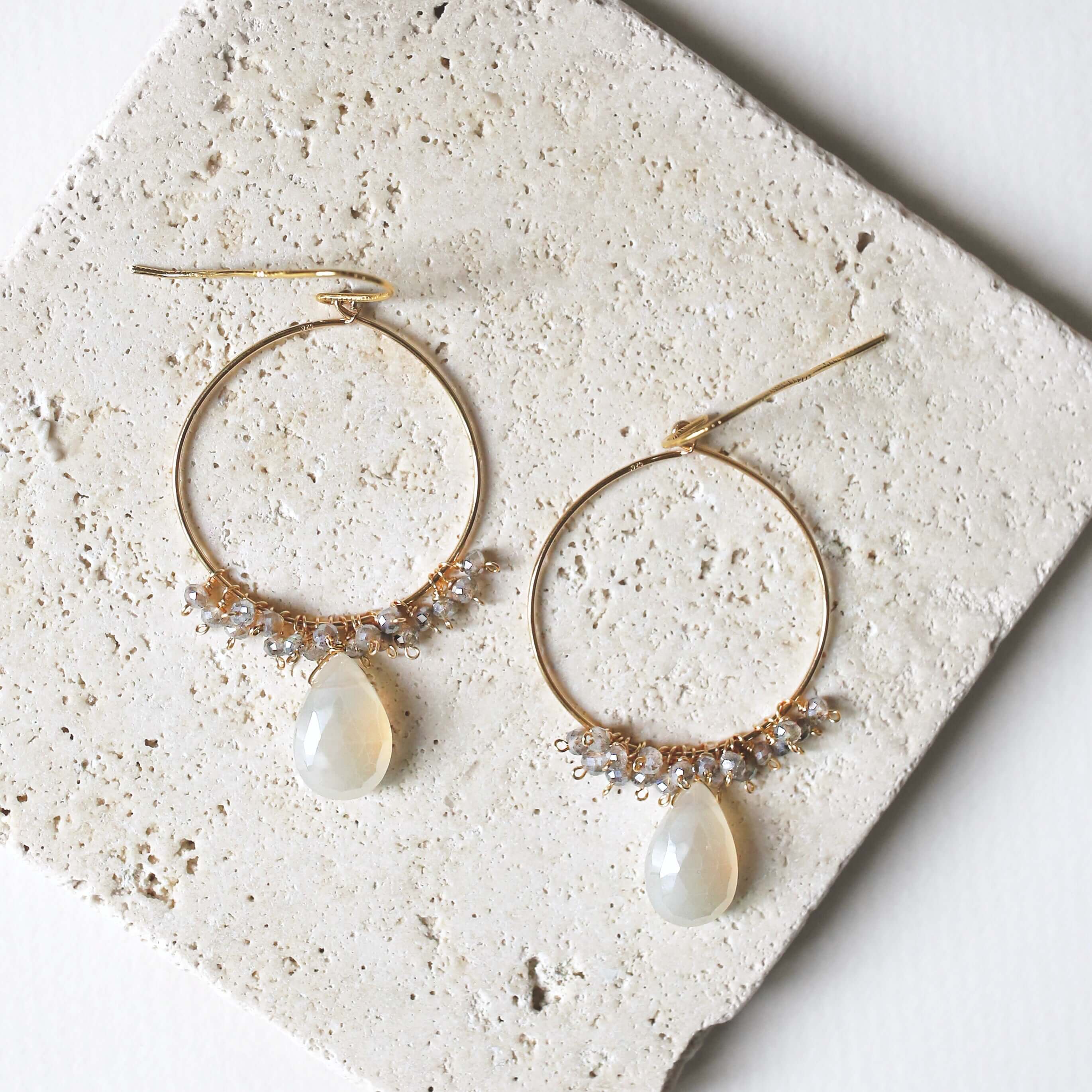 White Chalcedony and Labradorite gemstones Gold Hoop Earrings 