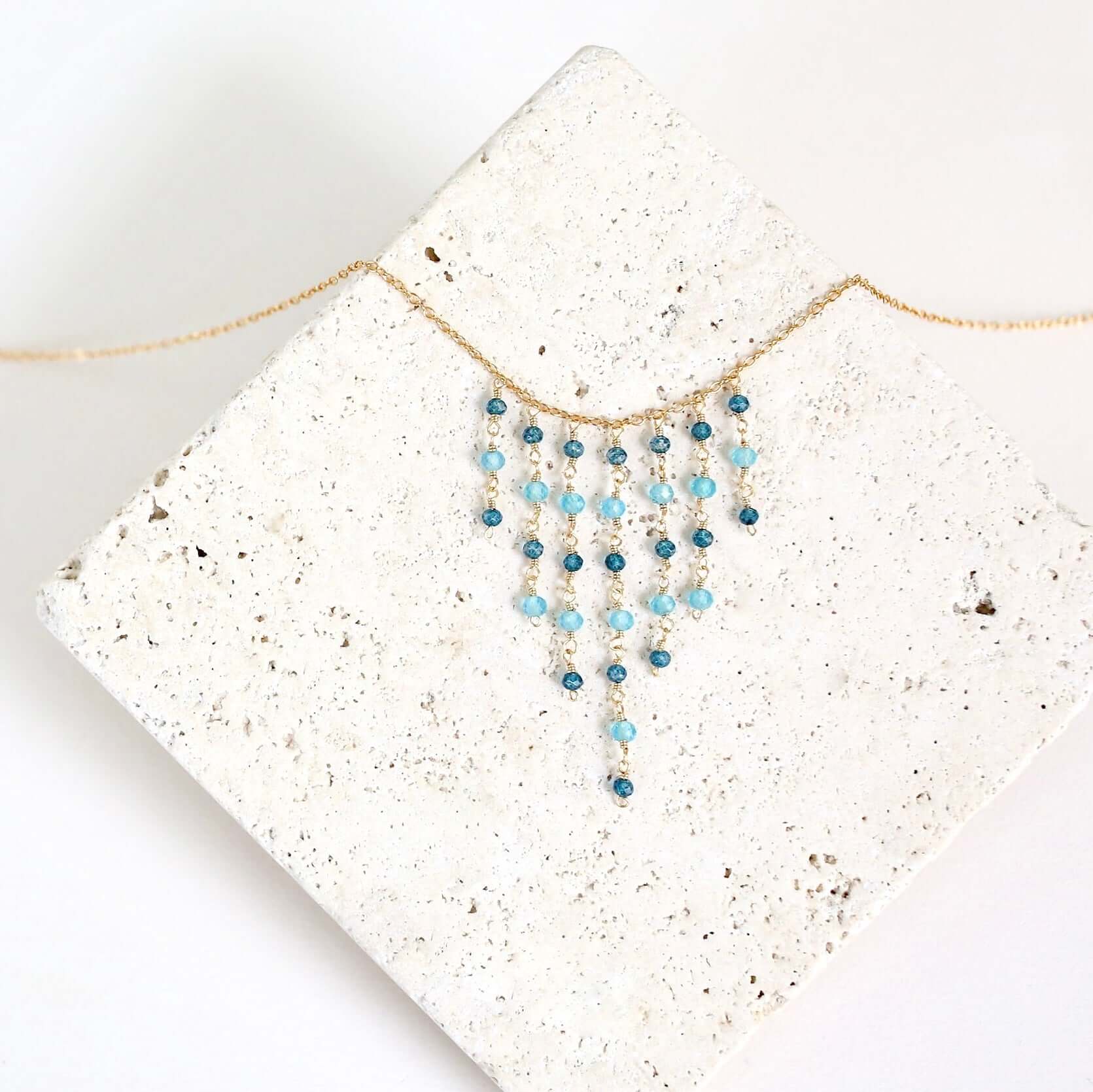 Blue Gemstone Gold Fringe Necklace