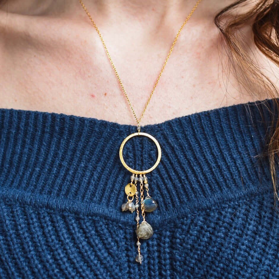 Multiple strands of lush gems sparkle on a hoop with labradorite gemstone Pendant Gold Necklace