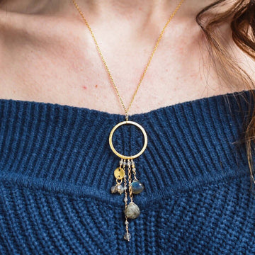 Multiple strands of lush gems sparkle on a hoop with labradorite gemstone Pendant Gold Necklace
