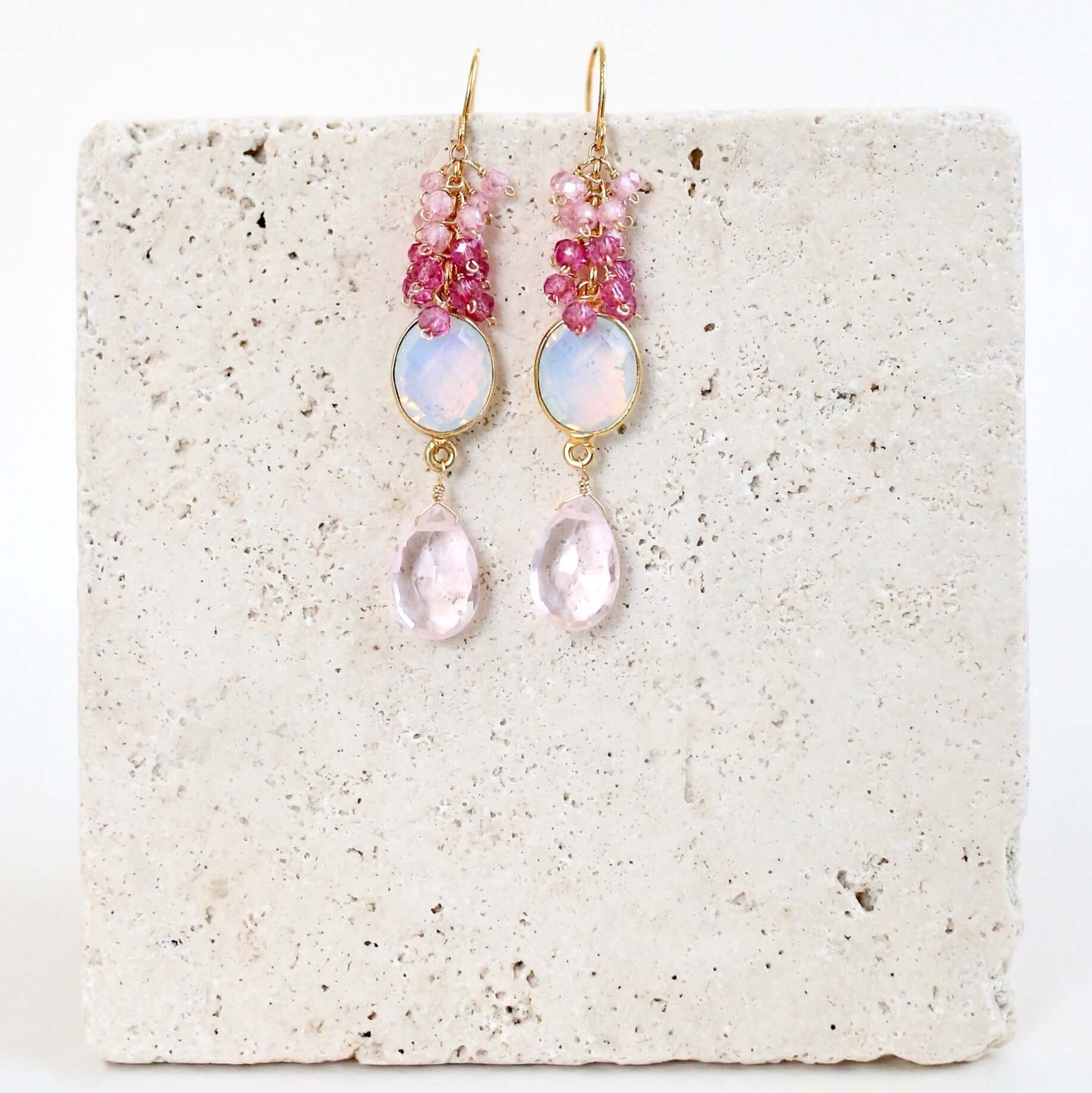  Long drop earrings with opal quartz bezel, pink clear quartz, and pink tourmaline gemstones